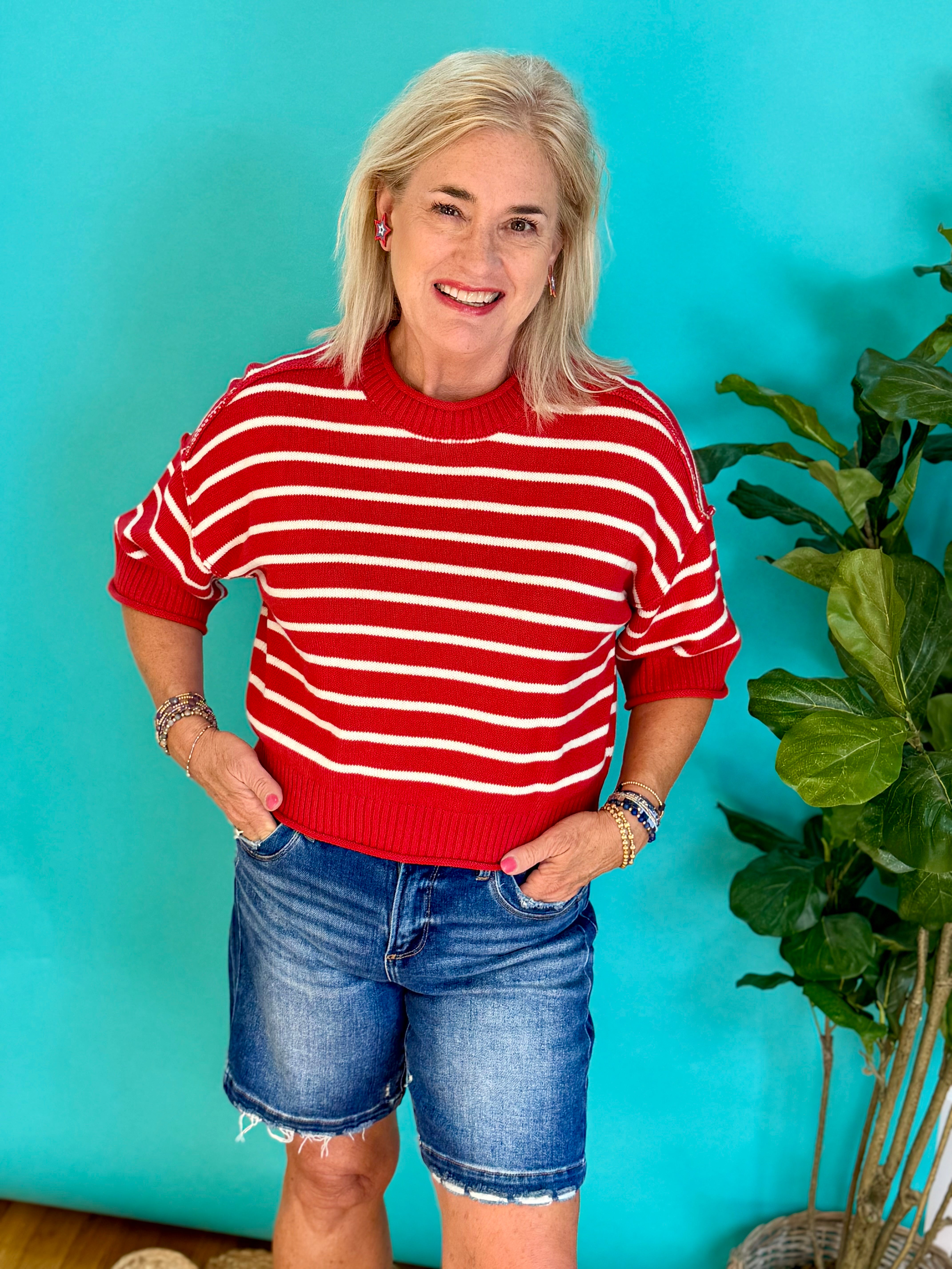 Red & White Striped Sweater-100 Short Sleeve Tops-Blu Pepper-The Lovely Closet, Women's Fashion Boutique in Alexandria, KY