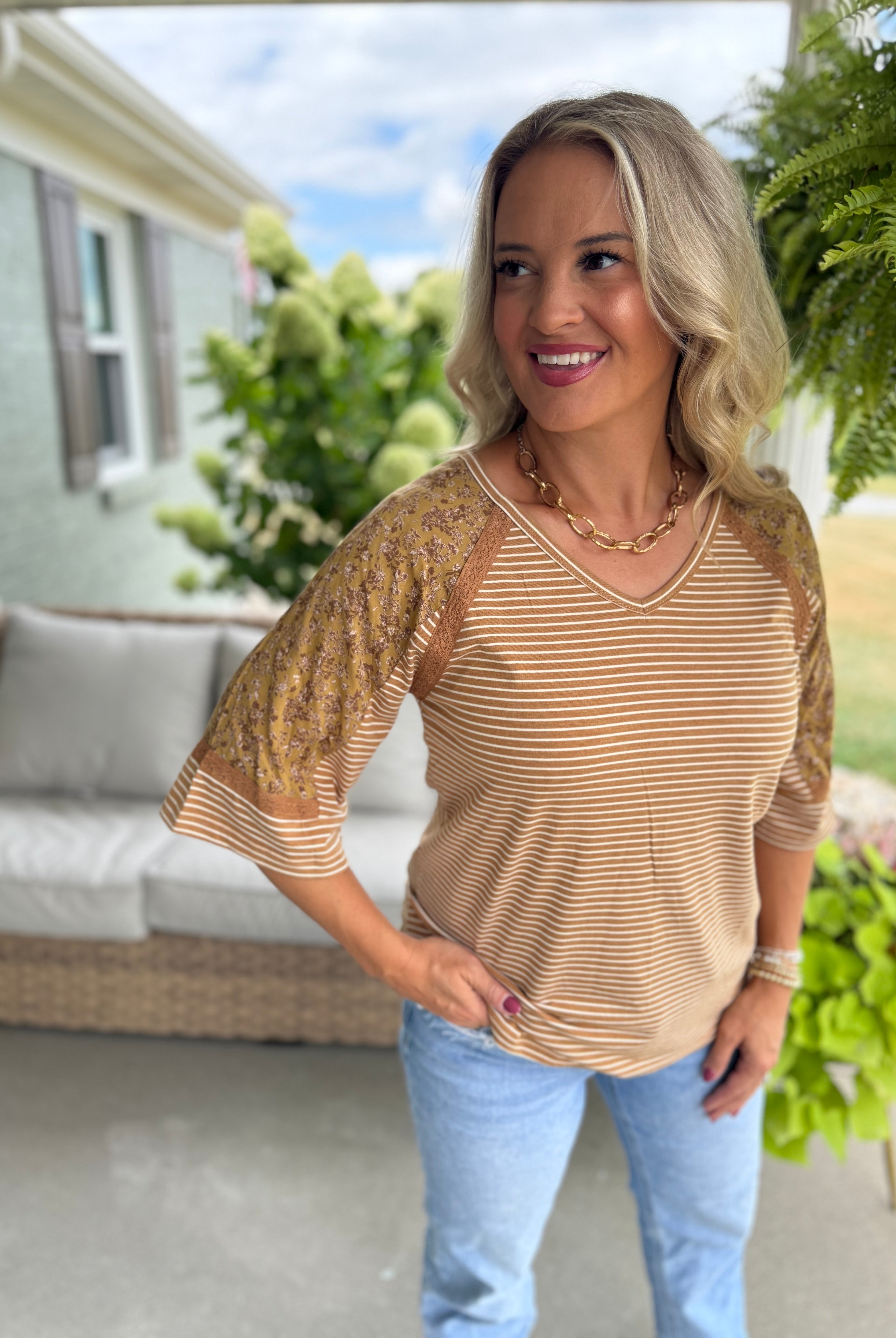 Floral Sleeve Stripe Top-100 Short Sleeve Tops-Doe and Rae-The Lovely Closet, Women's Fashion Boutique in Alexandria, KY