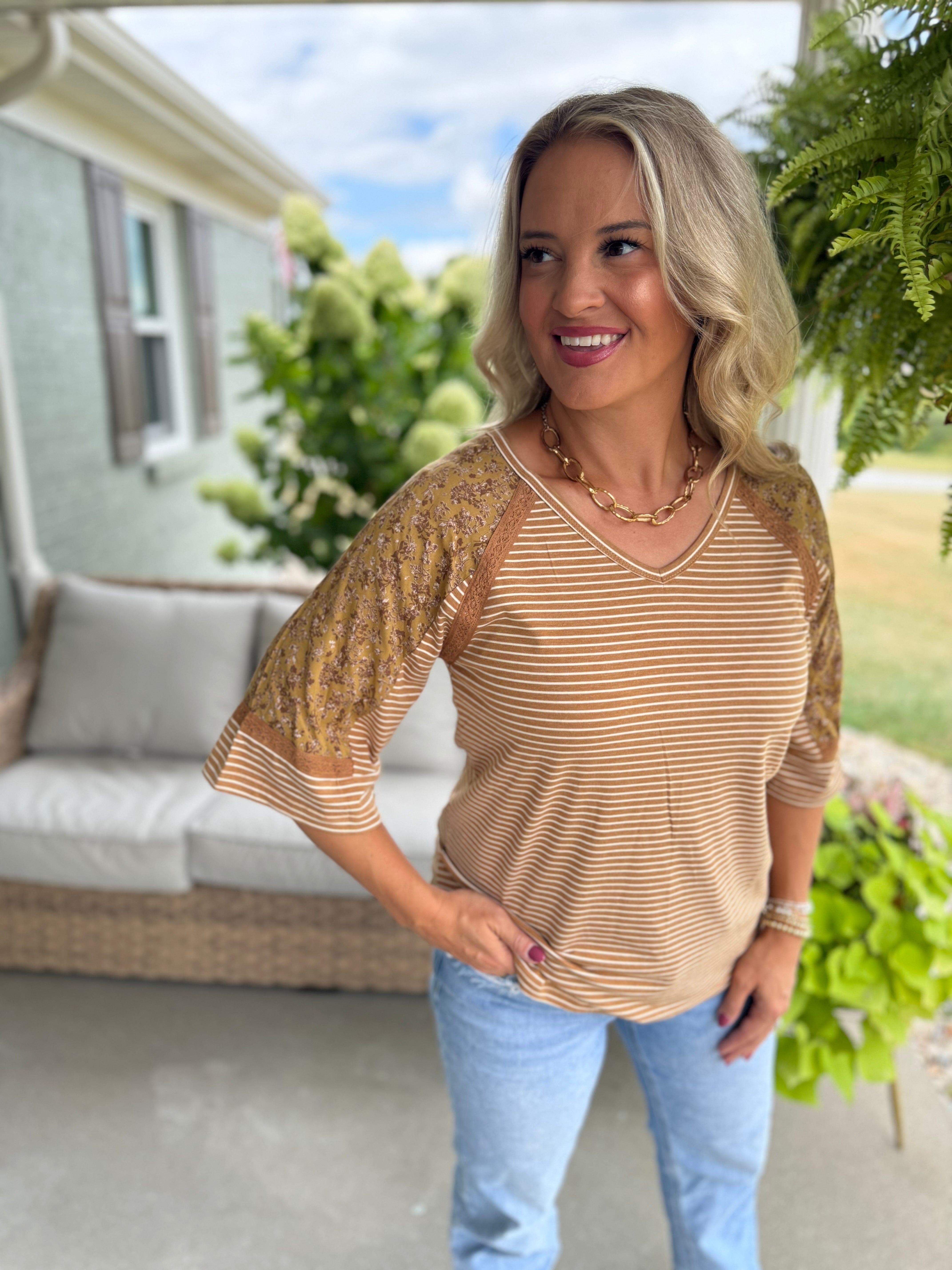Floral Sleeve Stripe Top-100 Short Sleeve Tops-Doe and Rae-The Lovely Closet, Women's Fashion Boutique in Alexandria, KY