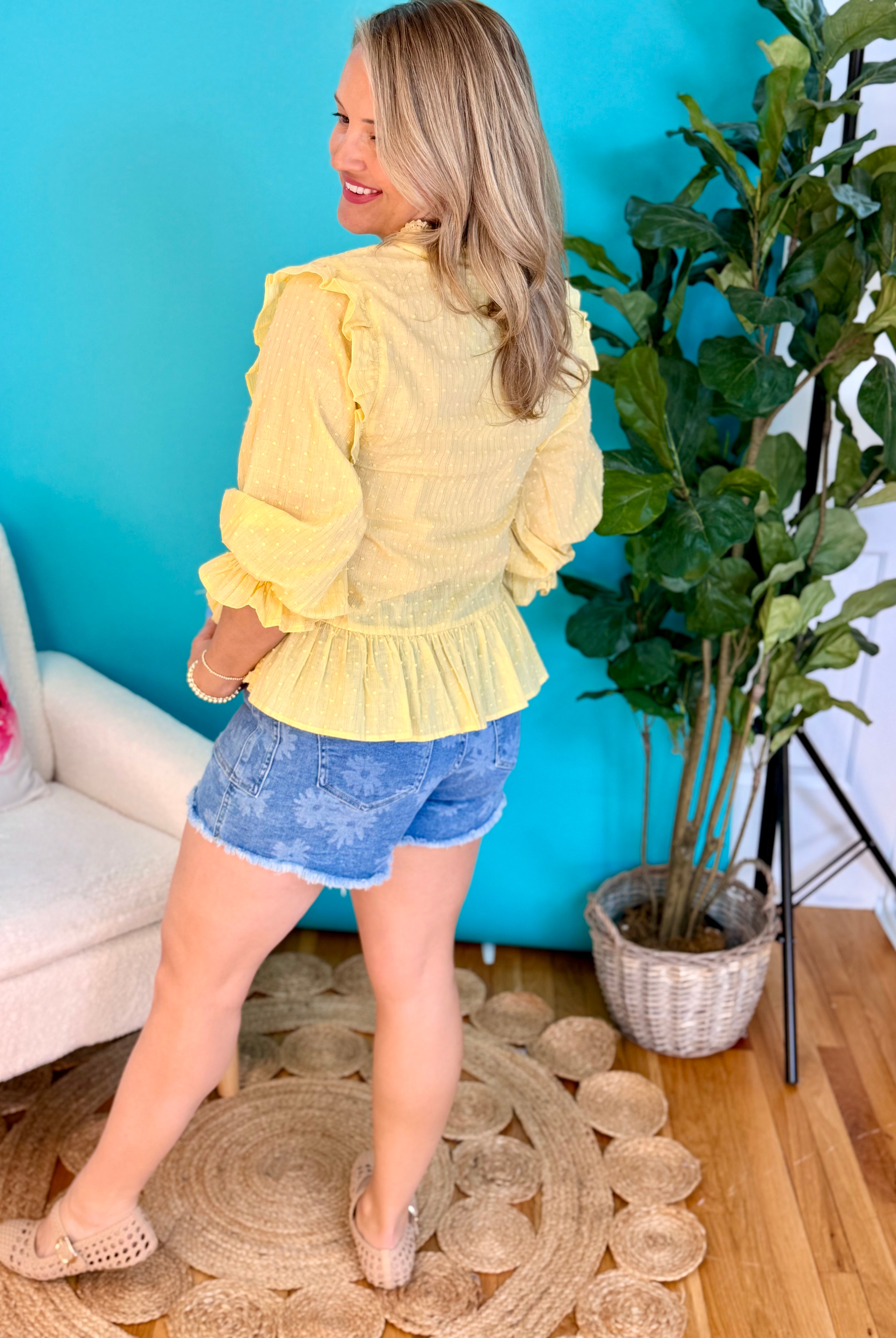 Daisy Print Stretch Denim Tie Shorts-230 Skirts/Shorts-Anniewear-The Lovely Closet, Women's Fashion Boutique in Alexandria, KY