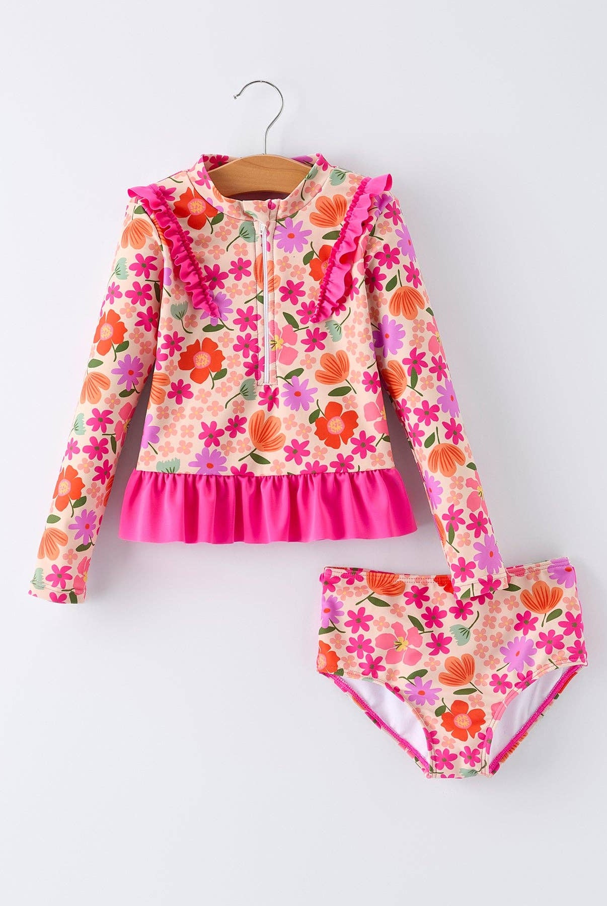 Summer Floral Ruffle Long Sleeve Girl Swimwear Set: 2-360 Carolines Closet-Rylee Faith Designs-The Lovely Closet, Women's Fashion Boutique in Alexandria, KY