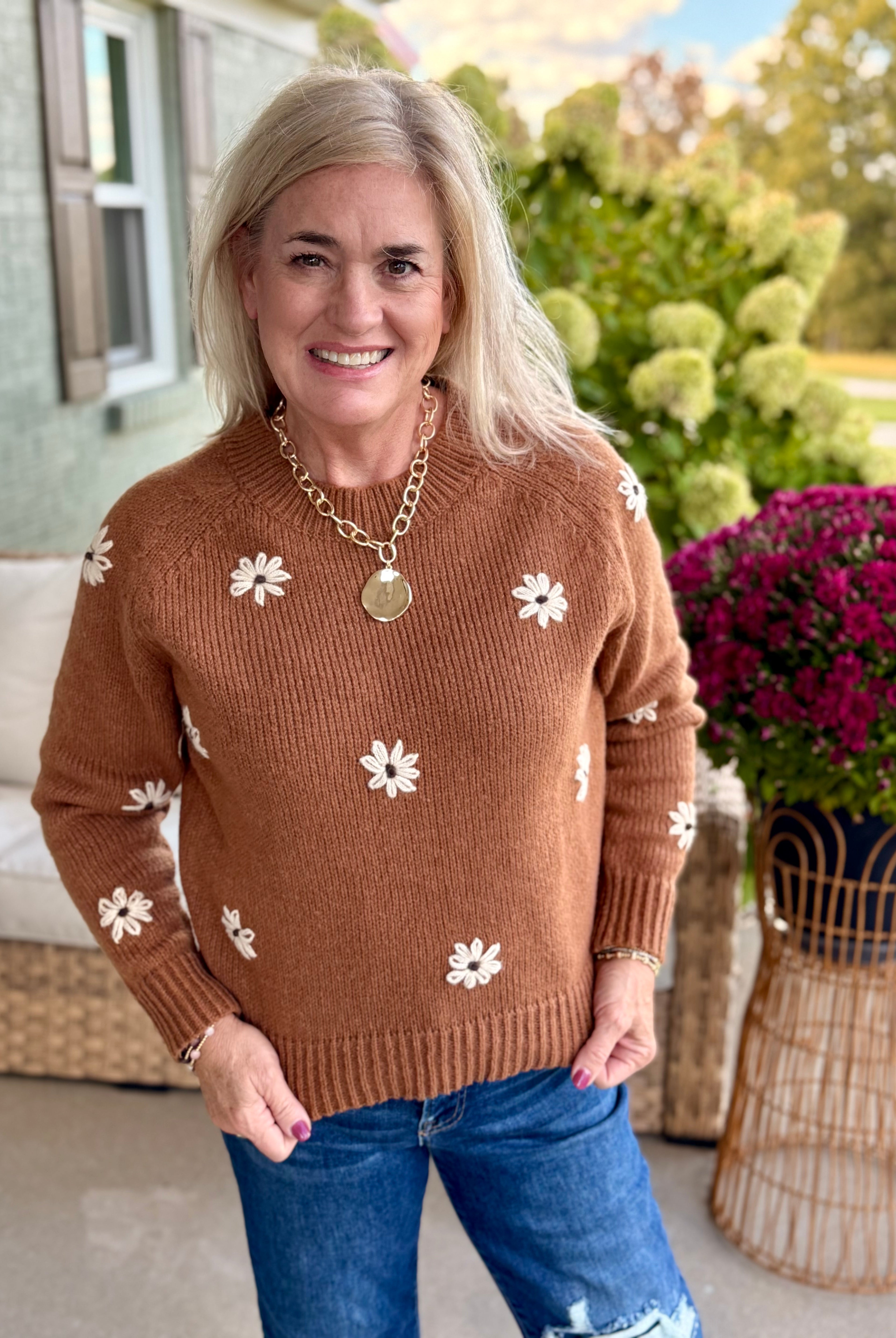 Embroidered Daisy Sweater-140 Sweaters-bibi-The Lovely Closet, Women's Fashion Boutique in Alexandria, KY
