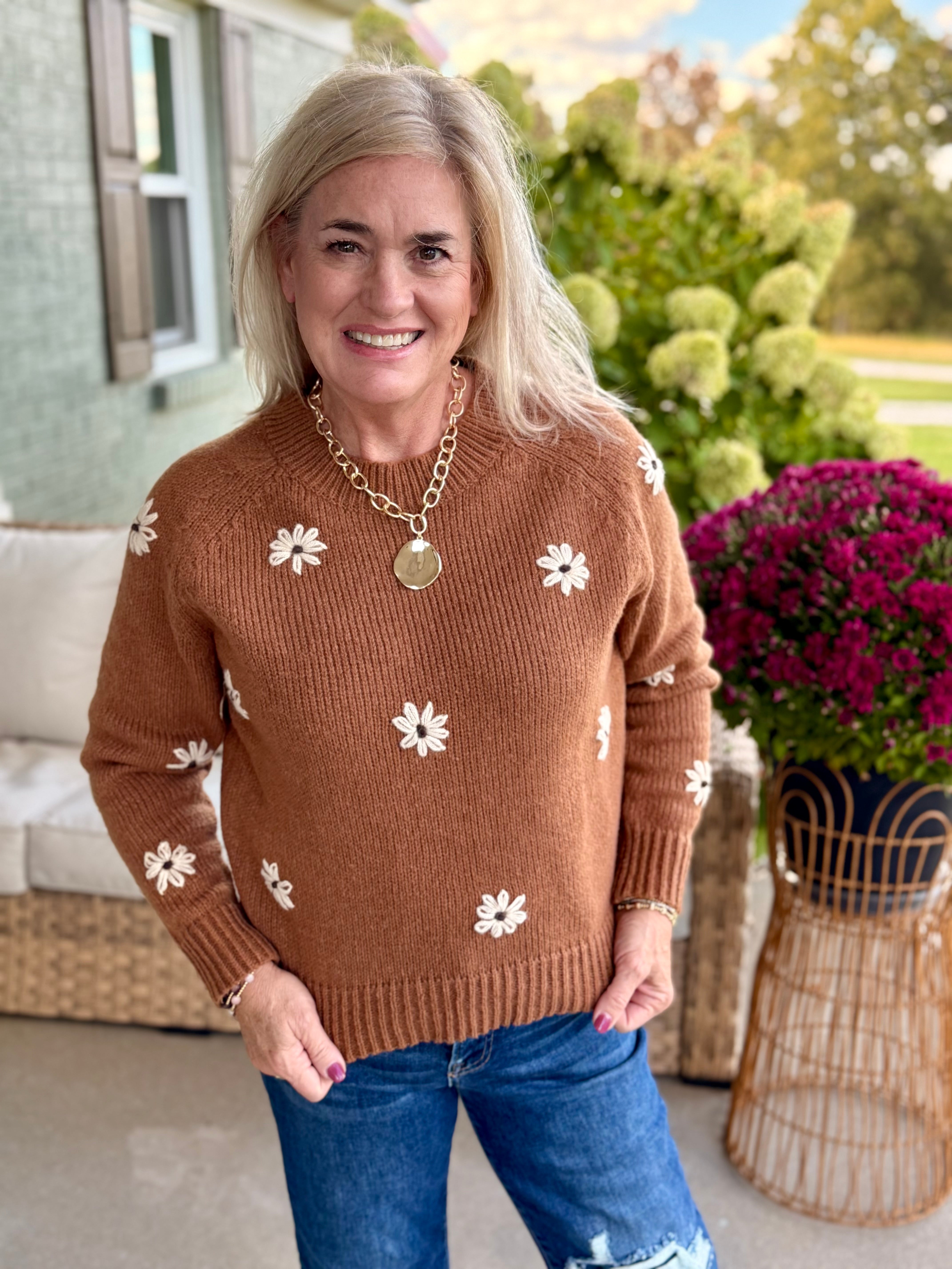 Embroidered Daisy Sweater-140 Sweaters-bibi-The Lovely Closet, Women's Fashion Boutique in Alexandria, KY