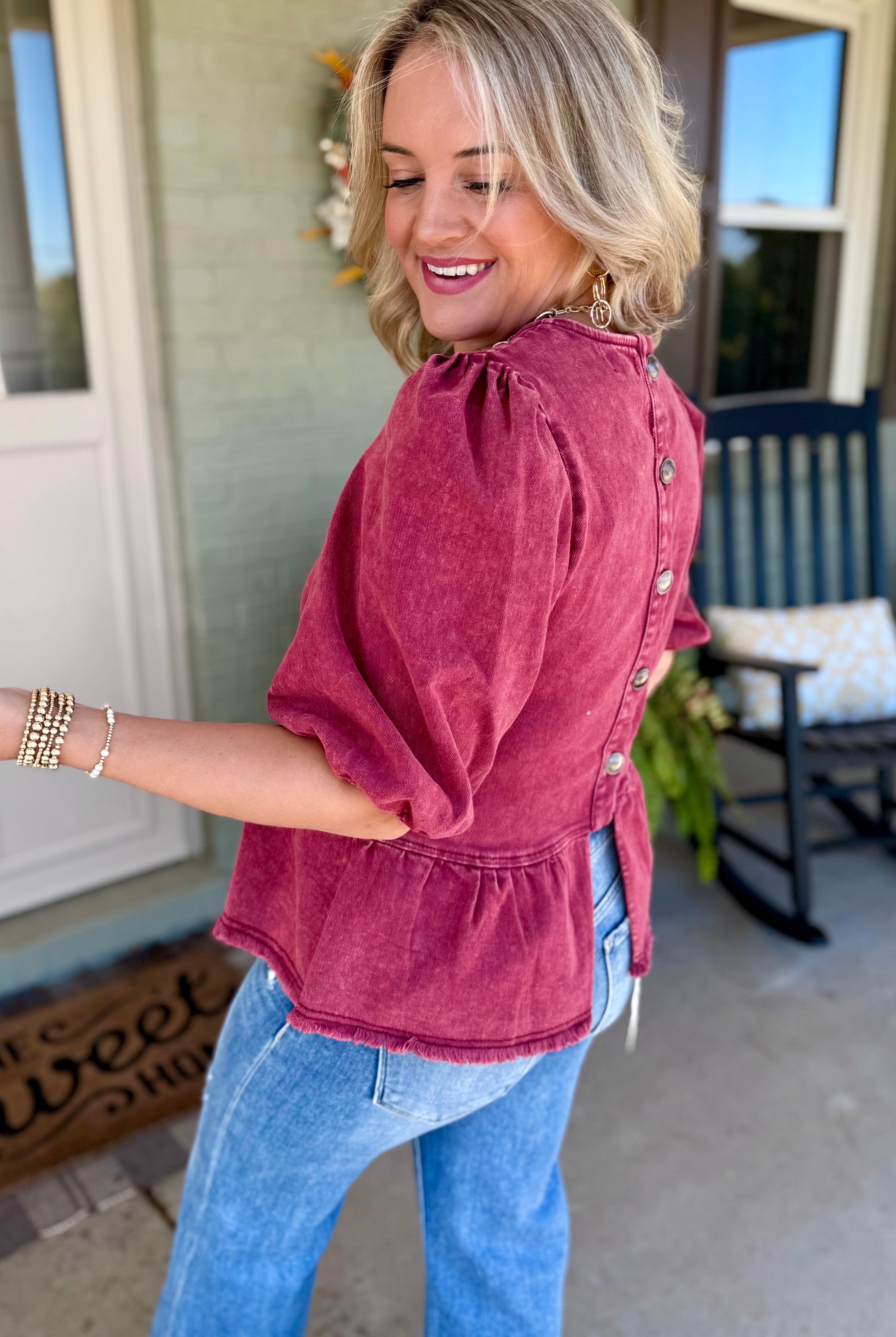 Cider & Cinnamon Washed Denim Top - Garnet-100 Short Sleeve Tops-Anniewear-The Lovely Closet, Women's Fashion Boutique in Alexandria, KY