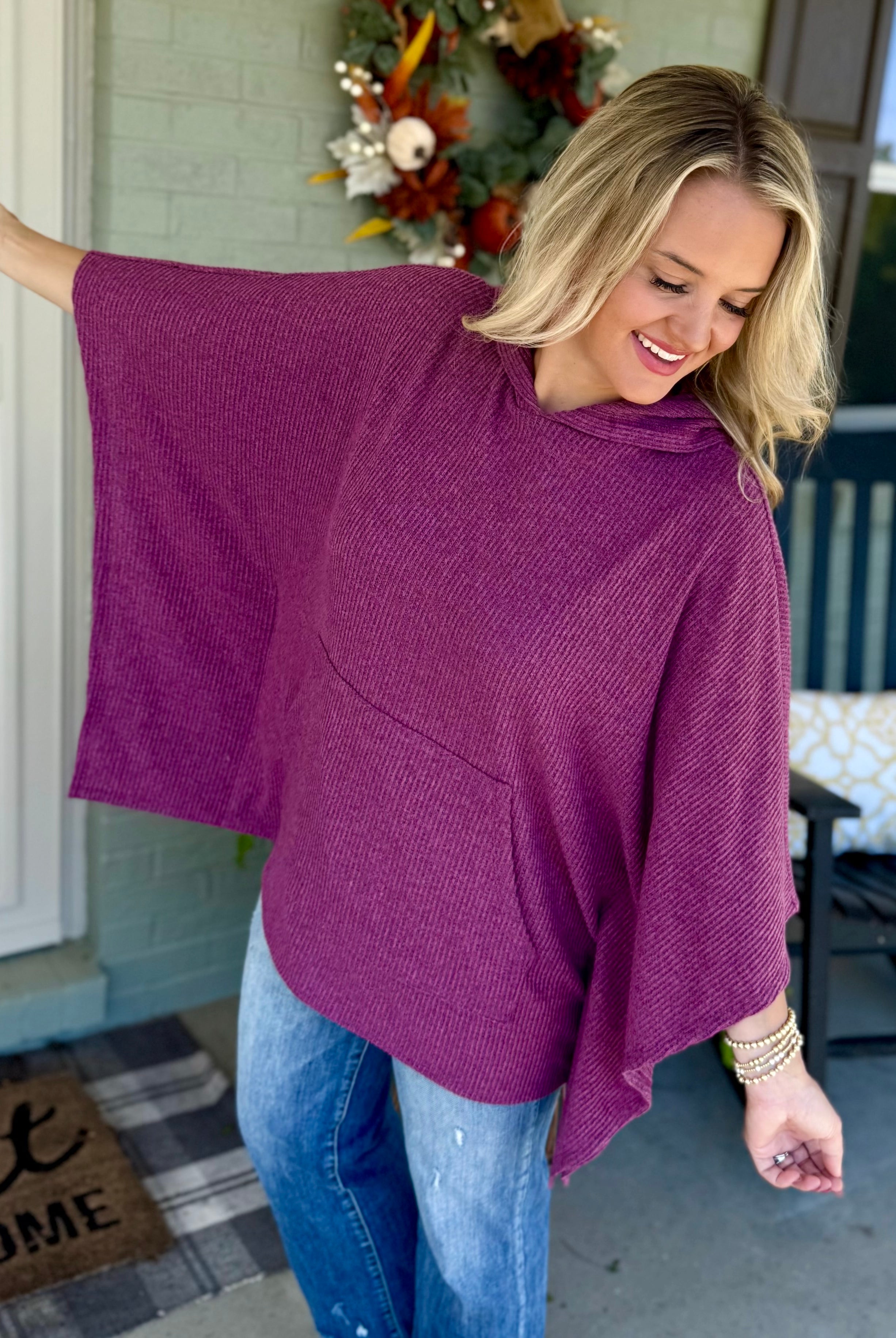 FINAL SALE - Ribbed Knit Poncho Top - Mulberry-170 Jackets/Outerwear-Dear Scarlett-The Lovely Closet, Women's Fashion Boutique in Alexandria, KY