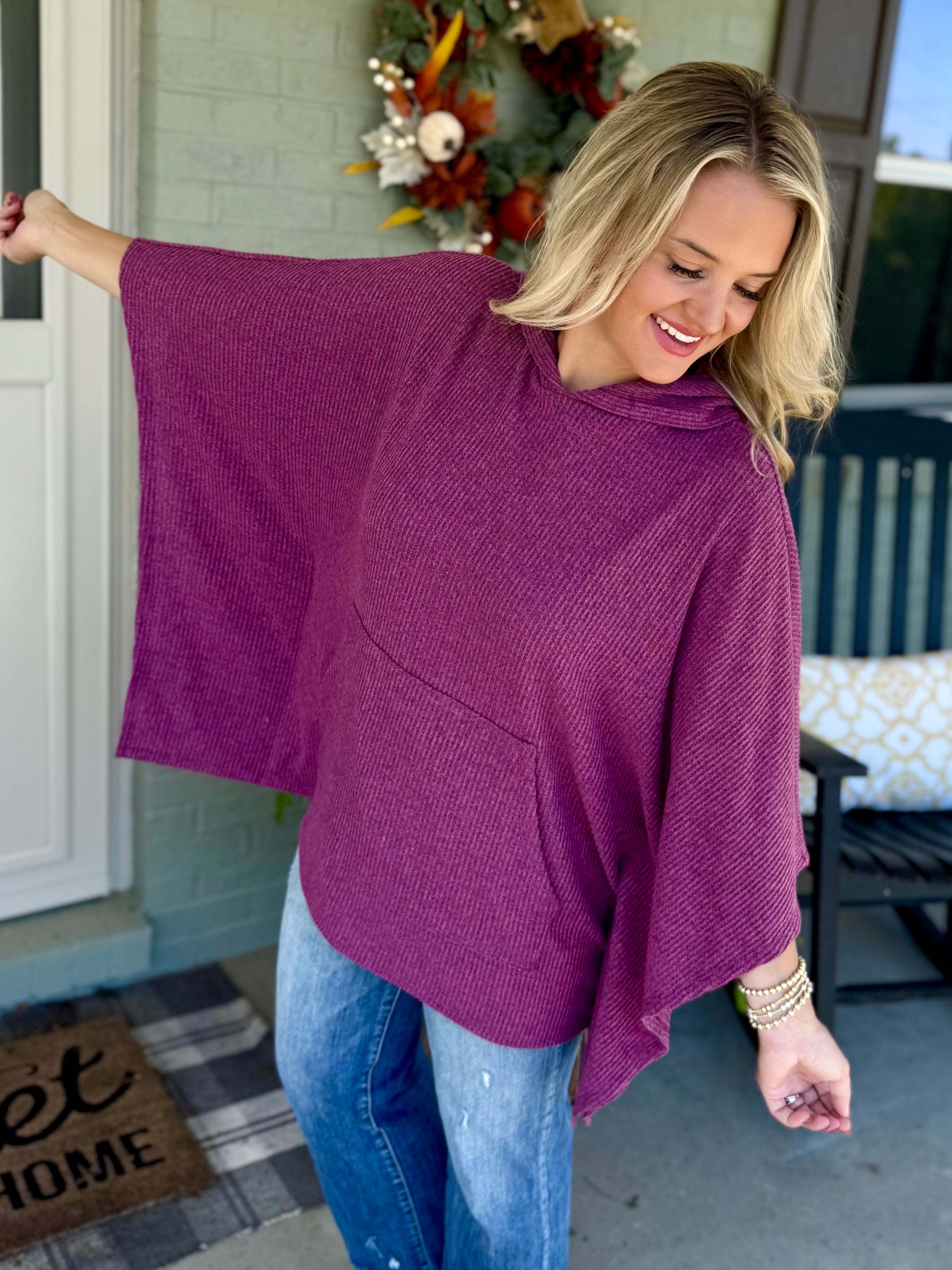 FINAL SALE - Ribbed Knit Poncho Top - Mulberry-170 Jackets/Outerwear-Dear Scarlett-The Lovely Closet, Women's Fashion Boutique in Alexandria, KY