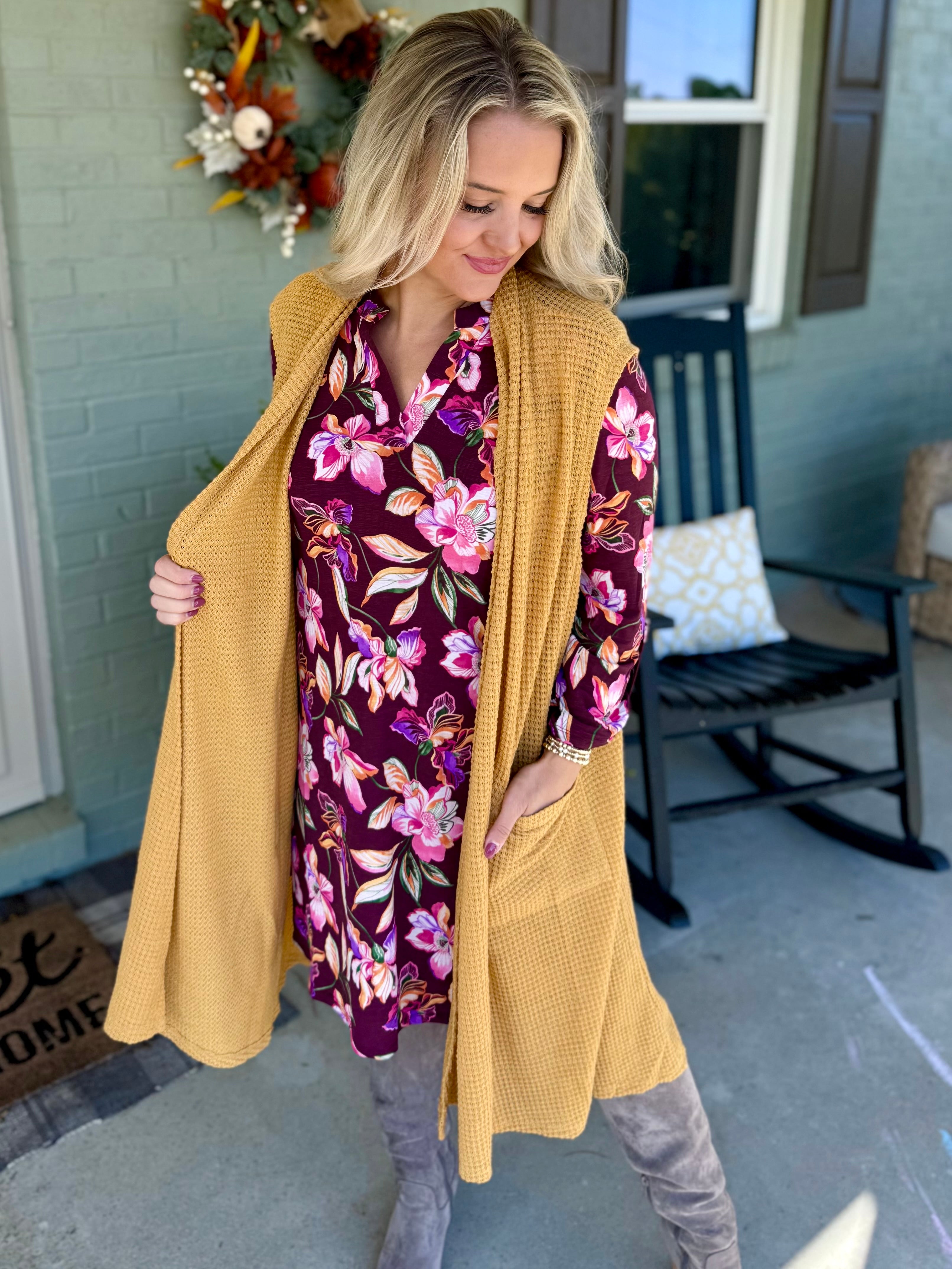 FINAL SALE - Chill in the Air Midi Vest - Marigold-160 Cardigan/Kimonos-Dear Scarlett-The Lovely Closet, Women's Fashion Boutique in Alexandria, KY