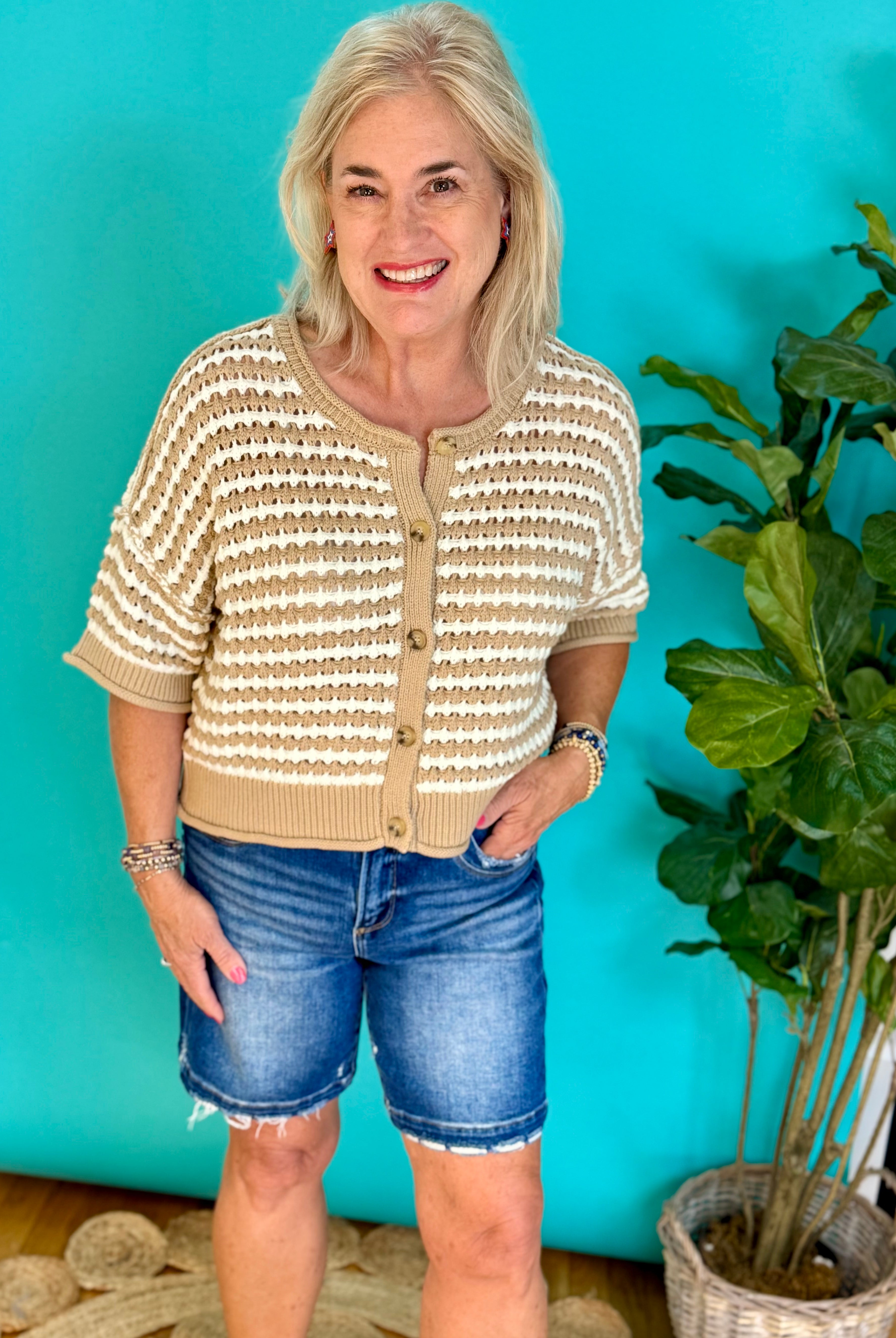 Taupe and White Striped Crochet Sweater-100 Short Sleeve Tops-Blu Pepper-The Lovely Closet, Women's Fashion Boutique in Alexandria, KY
