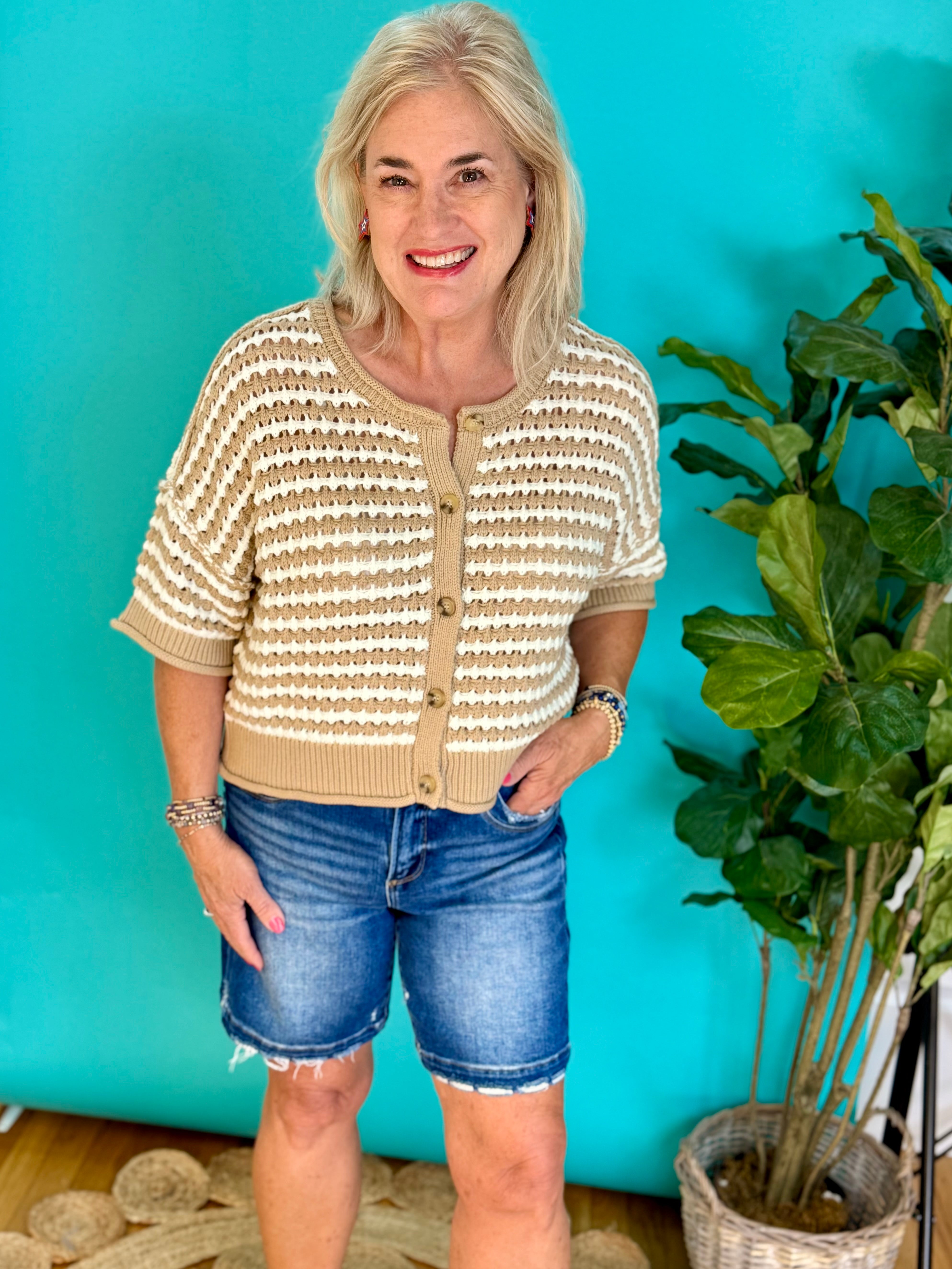Taupe and White Striped Crochet Sweater-100 Short Sleeve Tops-Blu Pepper-The Lovely Closet, Women's Fashion Boutique in Alexandria, KY