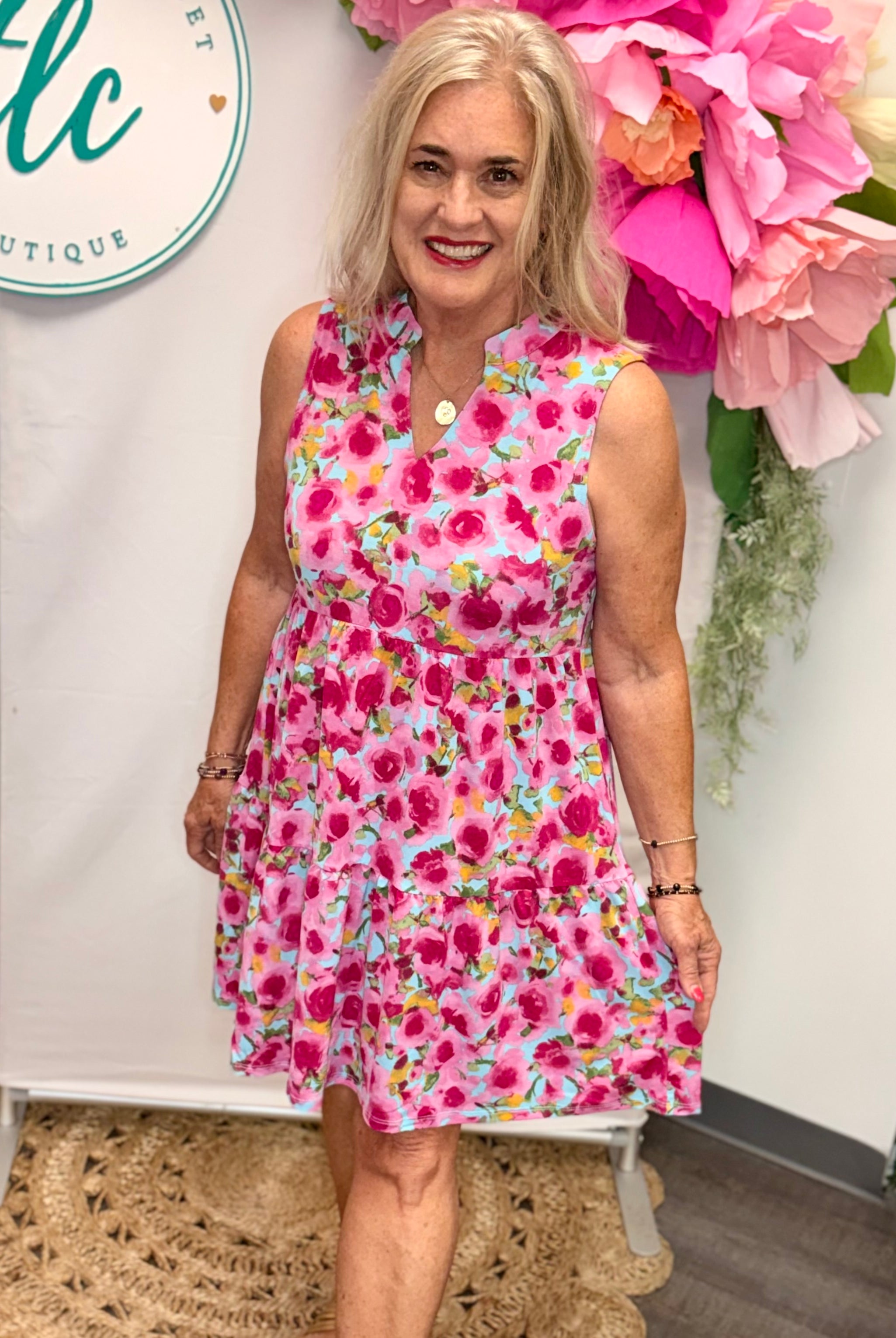 Pink Roses Lizzy Dress-180 Dresses-Dear Scarlett-The Lovely Closet, Women's Fashion Boutique in Alexandria, KY
