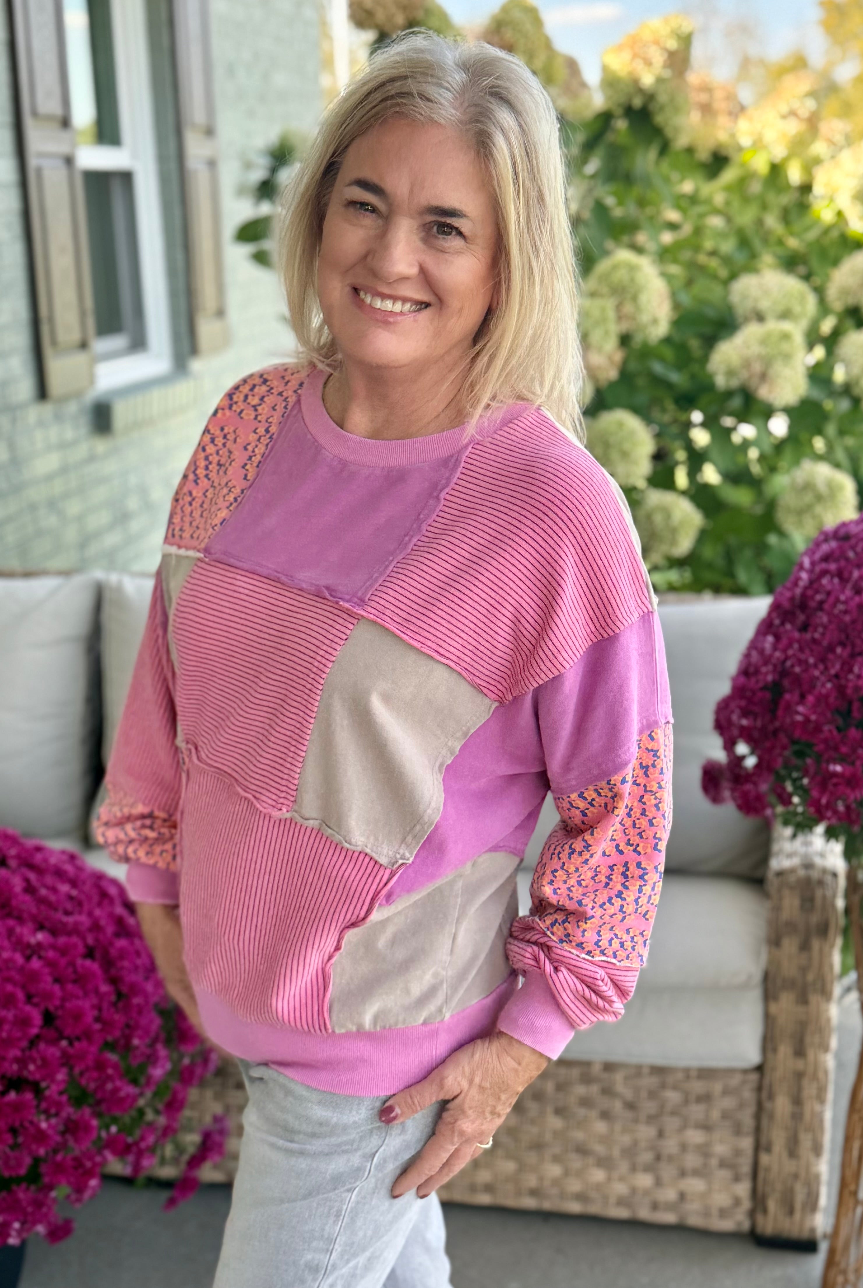 Patchwork Perfection Pullover-110 Long Sleeve Top-Donation Pink-The Lovely Closet, Women's Fashion Boutique in Alexandria, KY