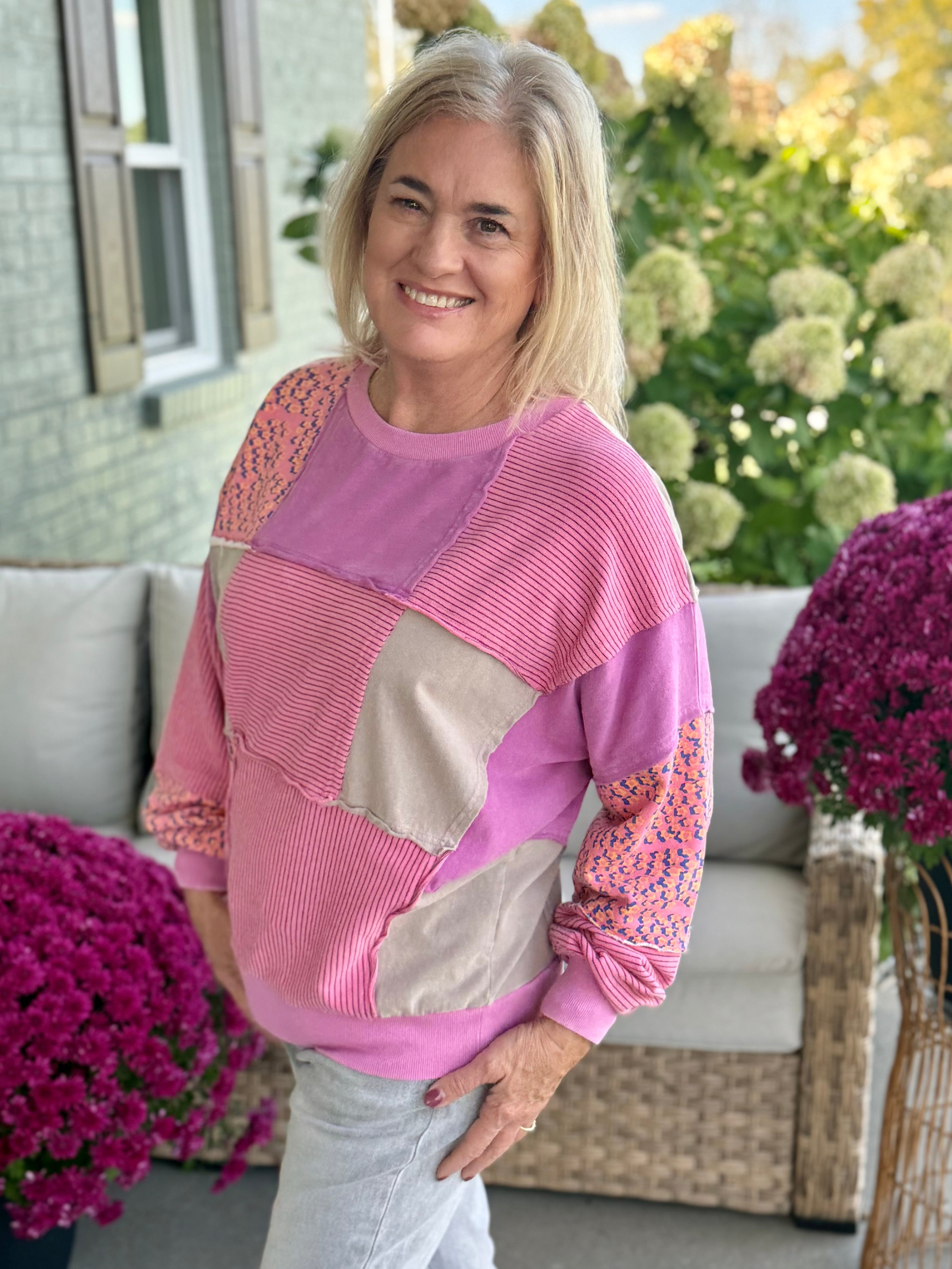 Patchwork Perfection Pullover-110 Long Sleeve Top-Donation Pink-The Lovely Closet, Women's Fashion Boutique in Alexandria, KY