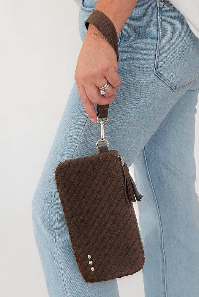 Suede Emma Woven Clutch Wristlet: Taupe-crossbody/wristlet-Pretty Simple-The Lovely Closet, Women's Fashion Boutique in Alexandria, KY