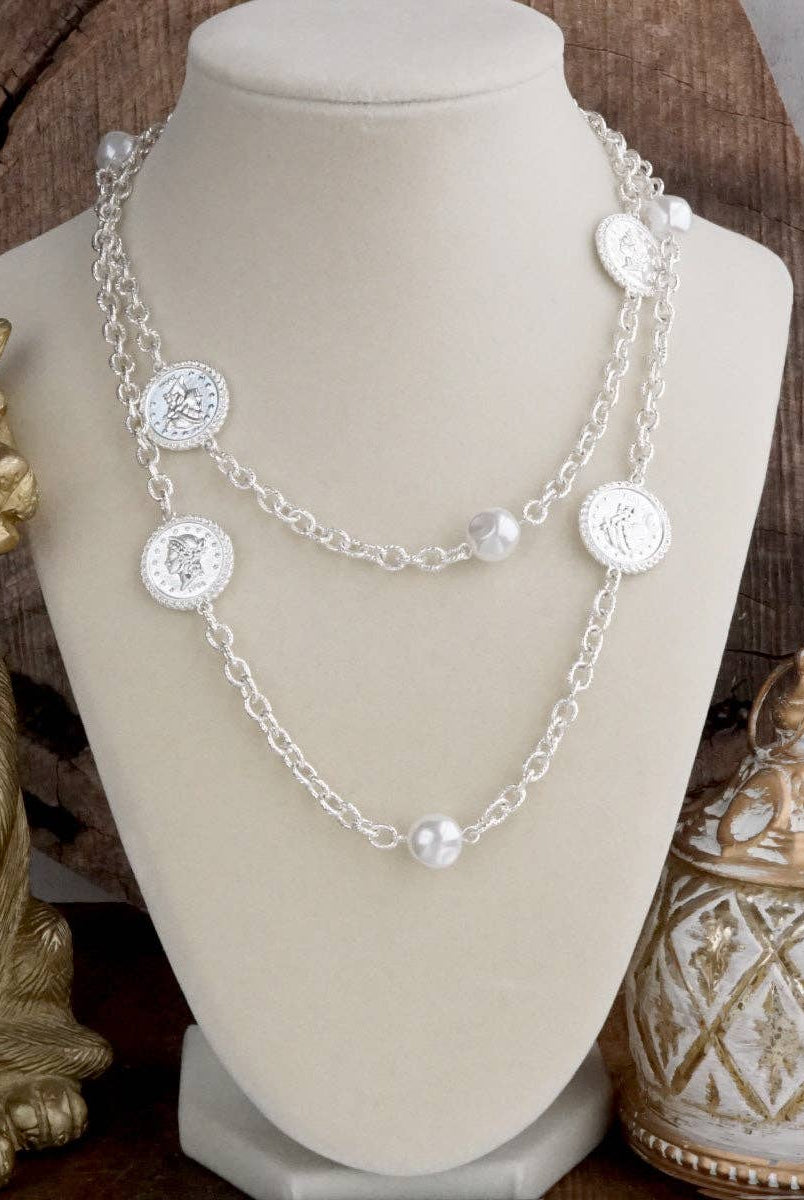 Starlit Relics – Coin & Pearl Station Necklace: Worn Gold Tone-250 Jewelry-PennyLine inc-The Lovely Closet, Women's Fashion Boutique in Alexandria, KY
