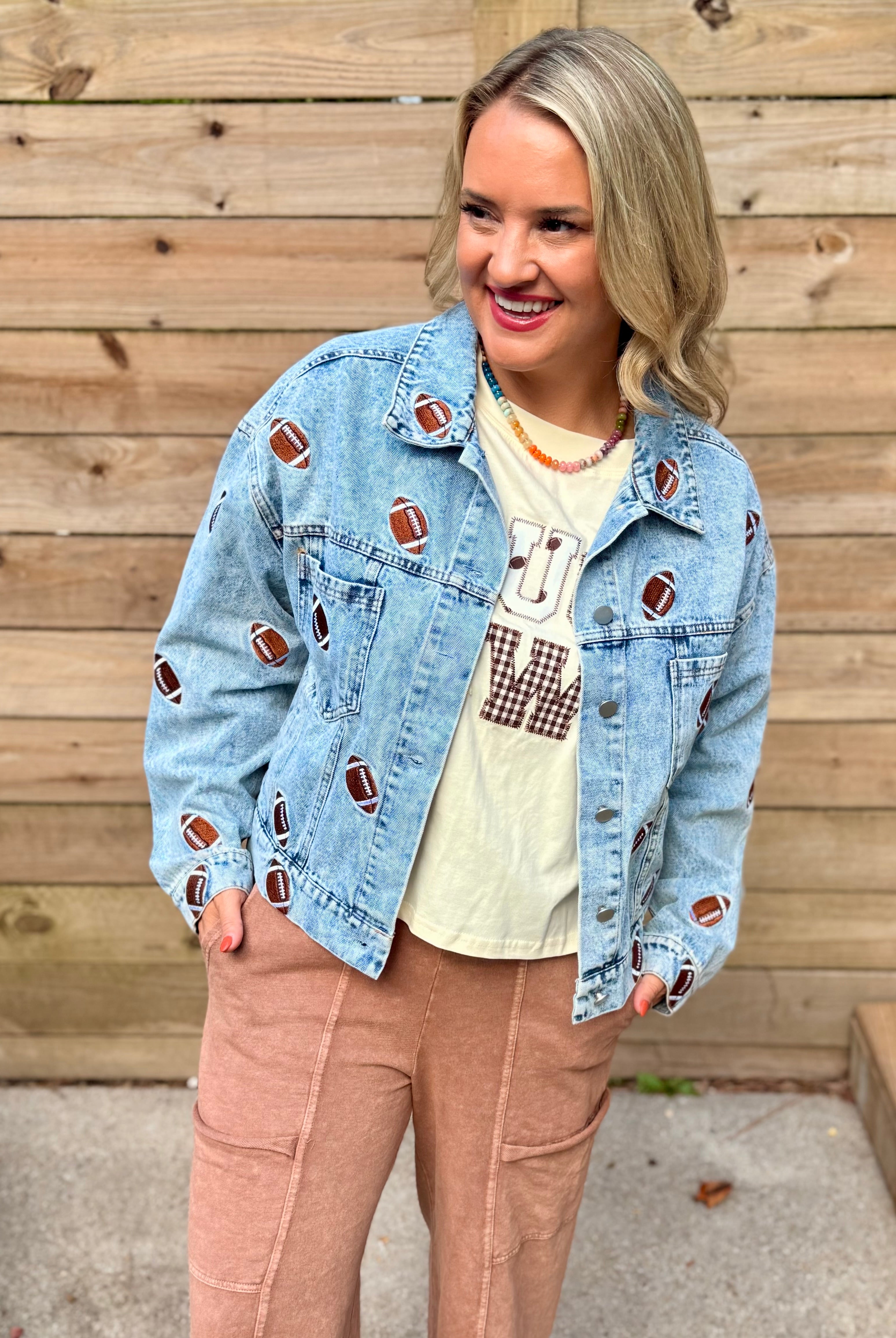 Football Fanatic Embroidered Denim Jacket-170 Jackets/Outerwear-The Lovely Closet-The Lovely Closet, Women's Fashion Boutique in Alexandria, KY