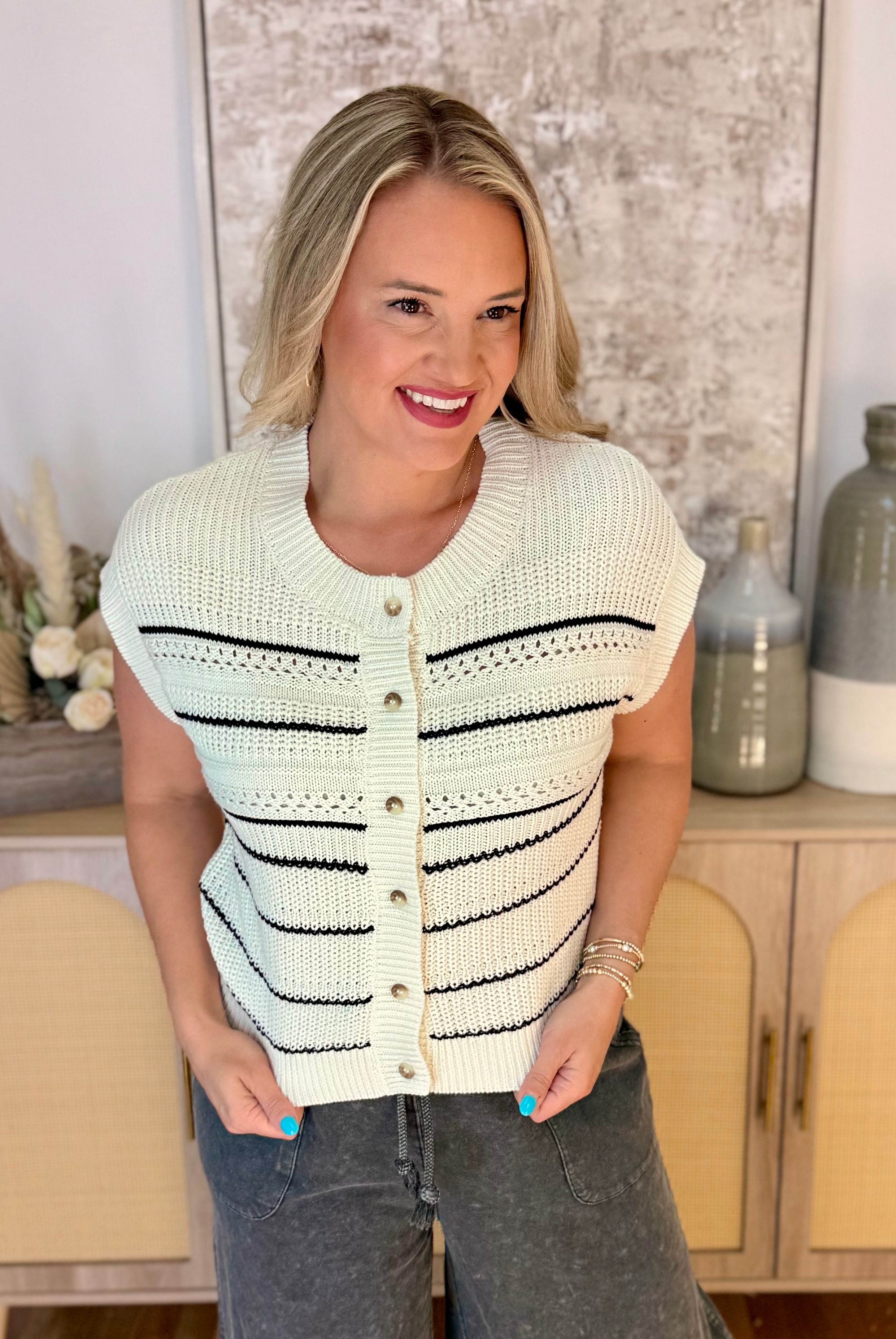 Never Better Button Down Sweater Tank-120 Sleeveless Tops-Blu Pepper-The Lovely Closet, Women's Fashion Boutique in Alexandria, KY