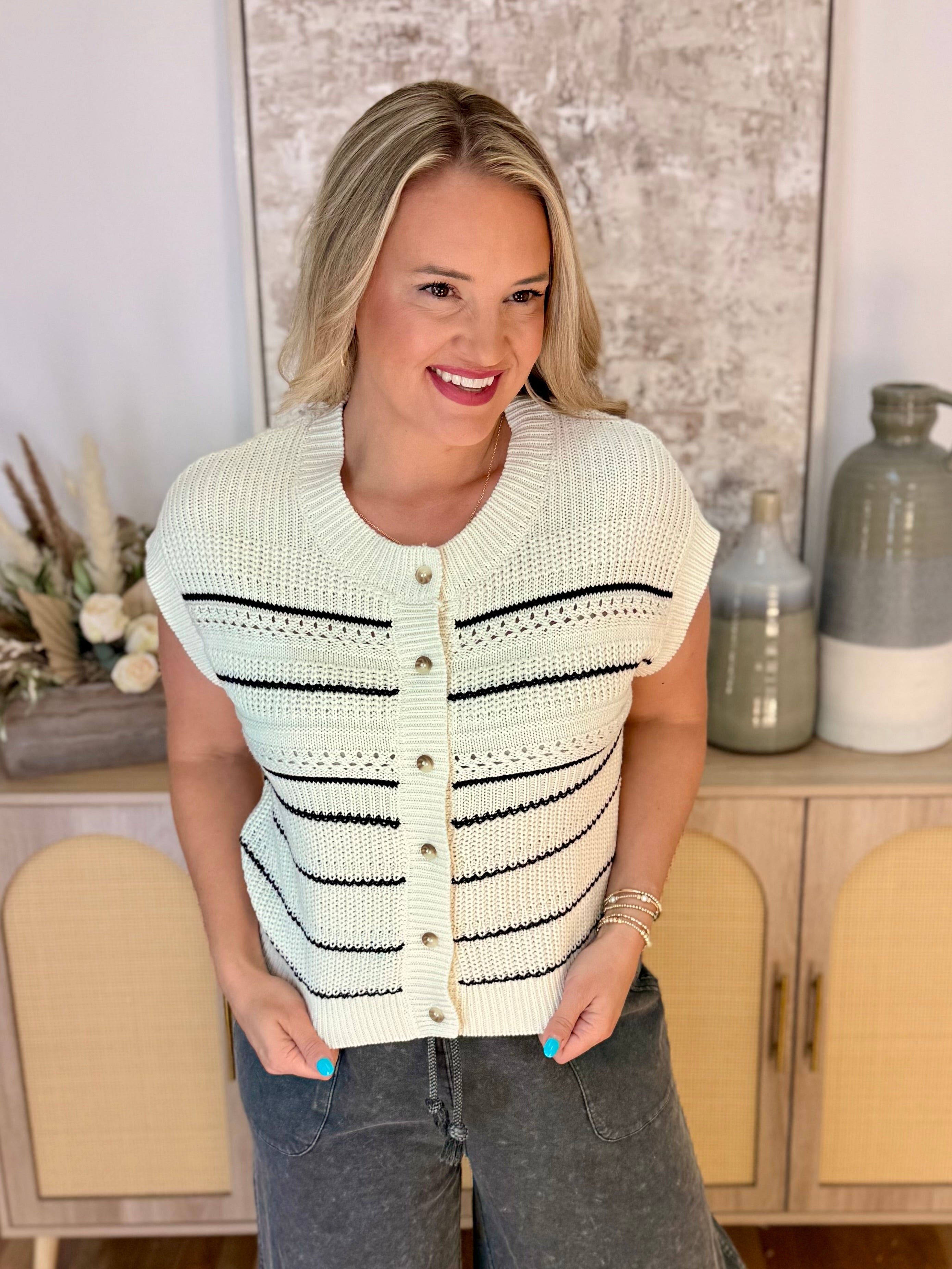 Never Better Button Down Sweater Tank-120 Sleeveless Tops-Blu Pepper-The Lovely Closet, Women's Fashion Boutique in Alexandria, KY