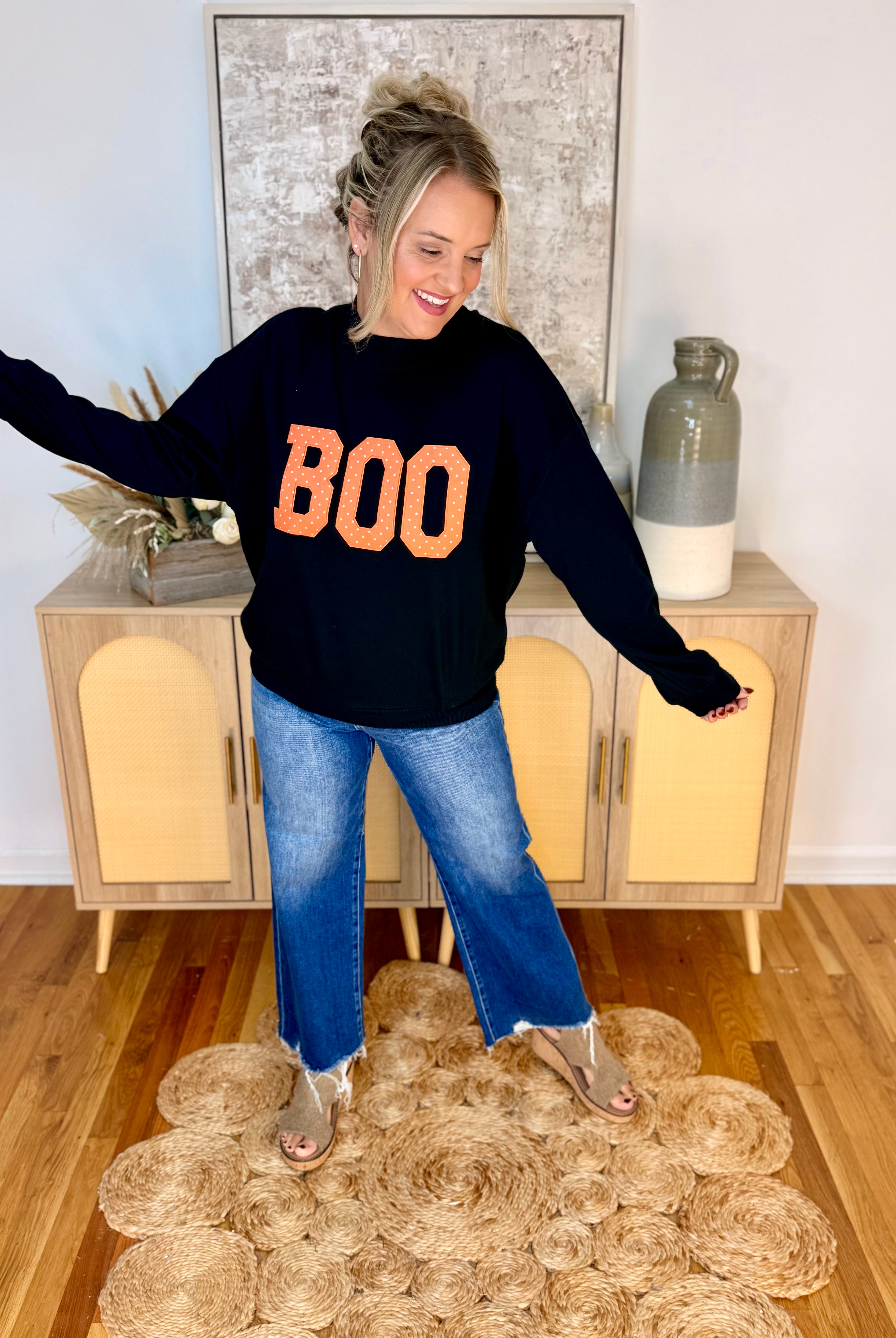 Boo Polka Dot Mock Neck Pullover-150 Sweatshirts-Kori America-The Lovely Closet, Women's Fashion Boutique in Alexandria, KY