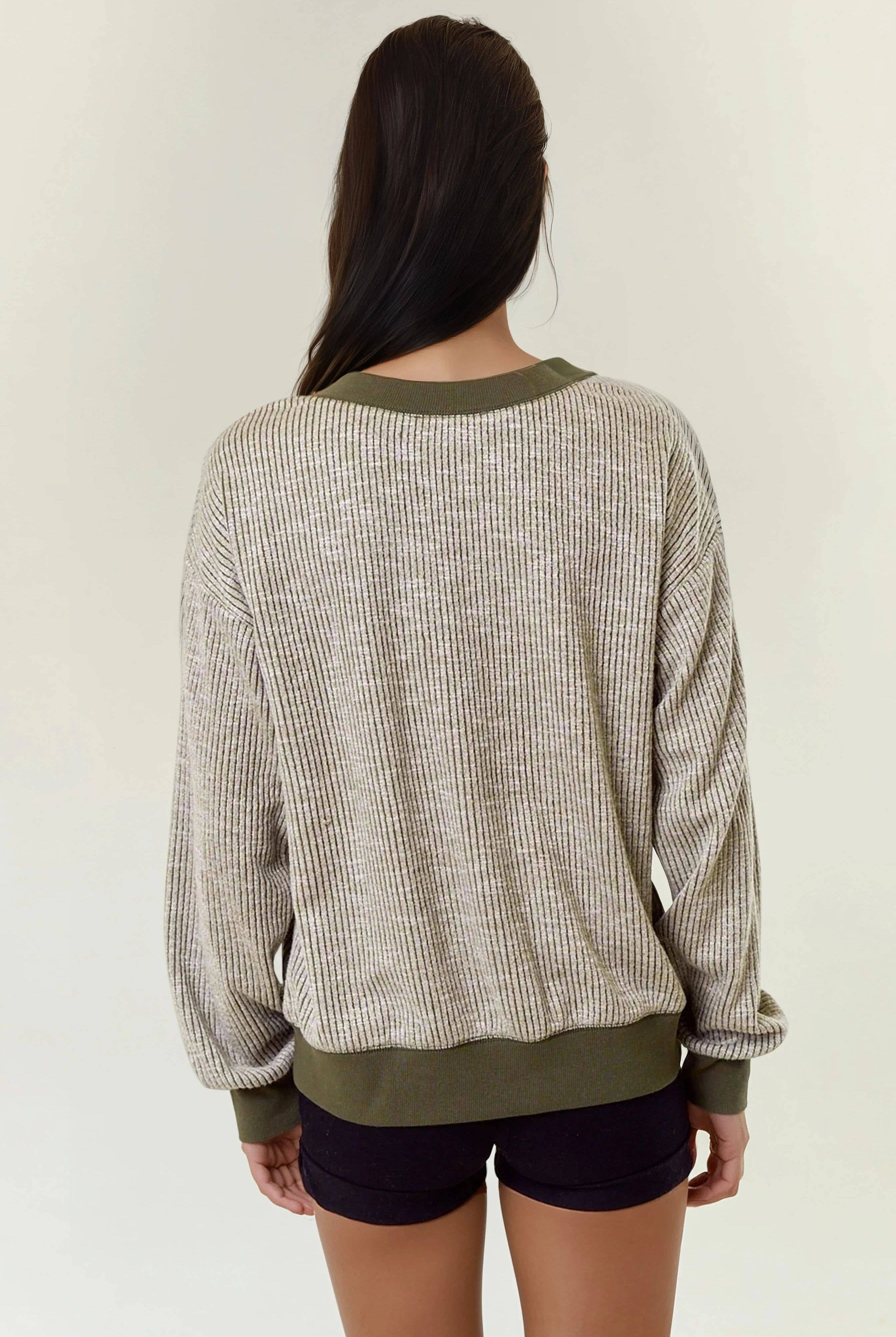 FINAL SALE Oversized Vertical Stripe Two-Tone Ribbed Top - Olive-110 Long Sleeve Top-Doe and Rae-The Lovely Closet, Women's Fashion Boutique in Alexandria, KY