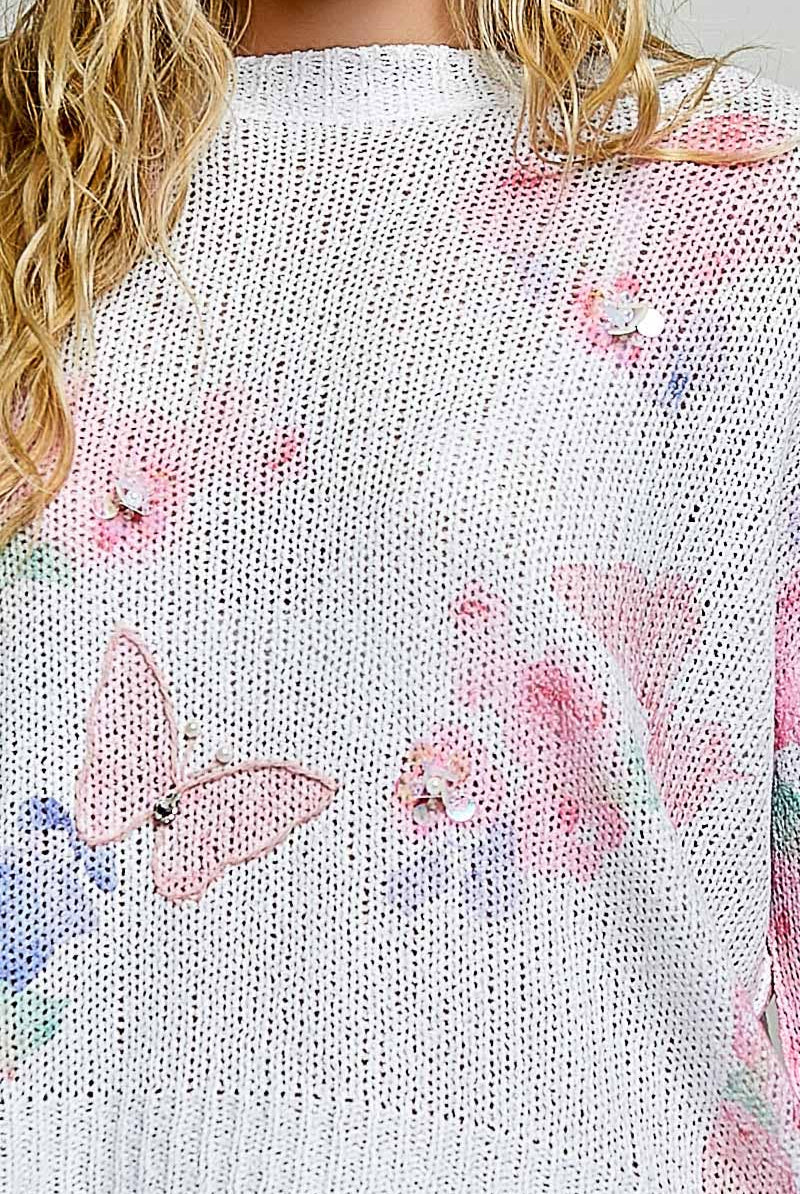 Butterfly Print Sequin Flower Knit Sweater-110 Long Sleeve Top-Pol Clothing-The Lovely Closet, Women's Fashion Boutique in Alexandria, KY