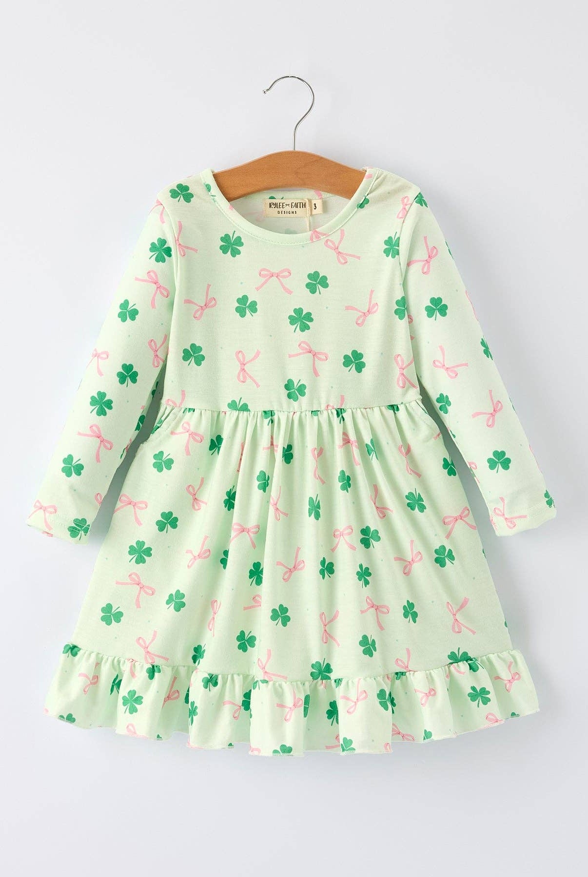 St. Patrick's Day Bow Shamrock Print Ruffles Girls Dress-360 Carolines Closet-Rylee Faith Designs-The Lovely Closet, Women's Fashion Boutique in Alexandria, KY