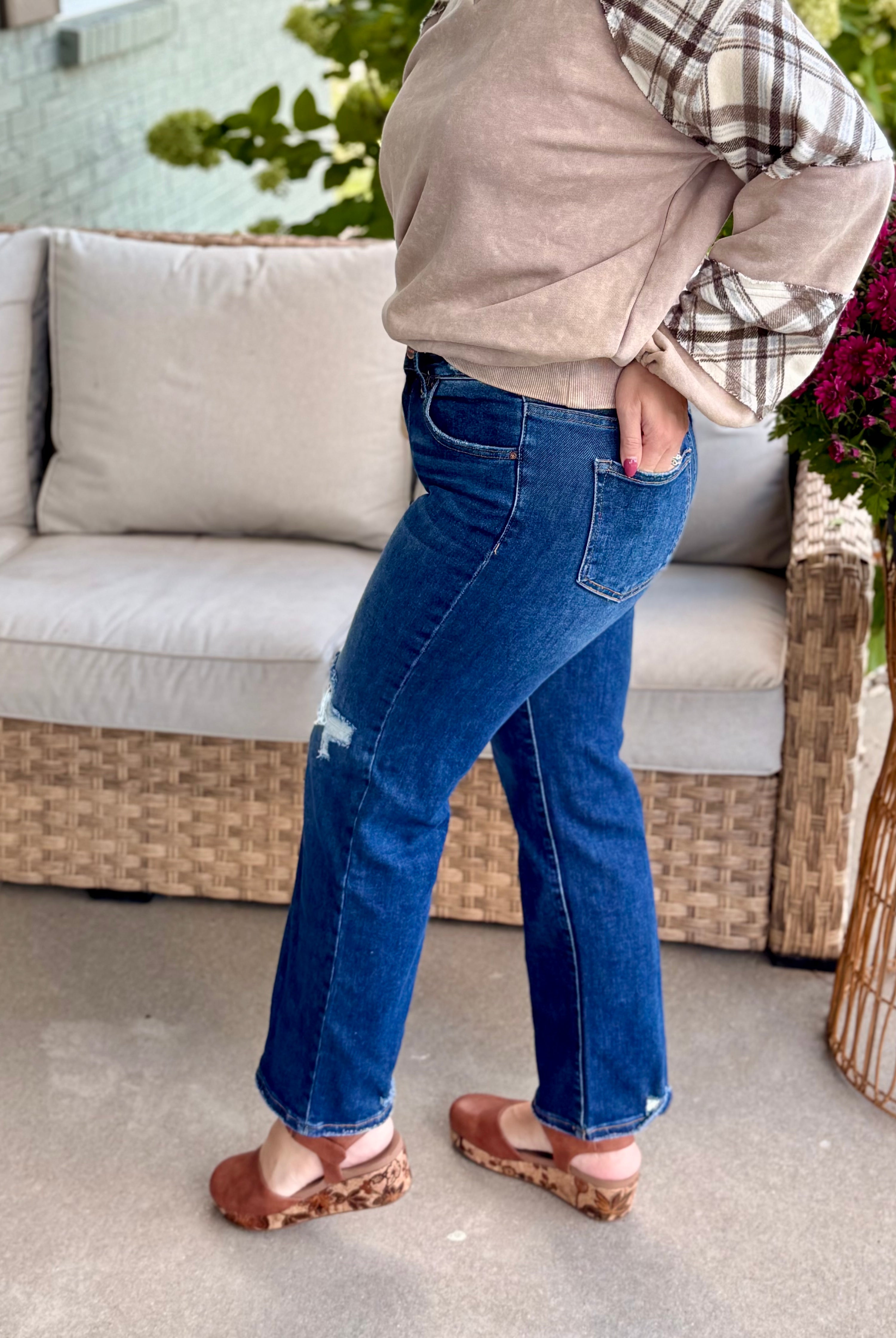 Risen High Rise Crop Slim Straight Hidden Knee Patch-210 Jeans-Risen-The Lovely Closet, Women's Fashion Boutique in Alexandria, KY