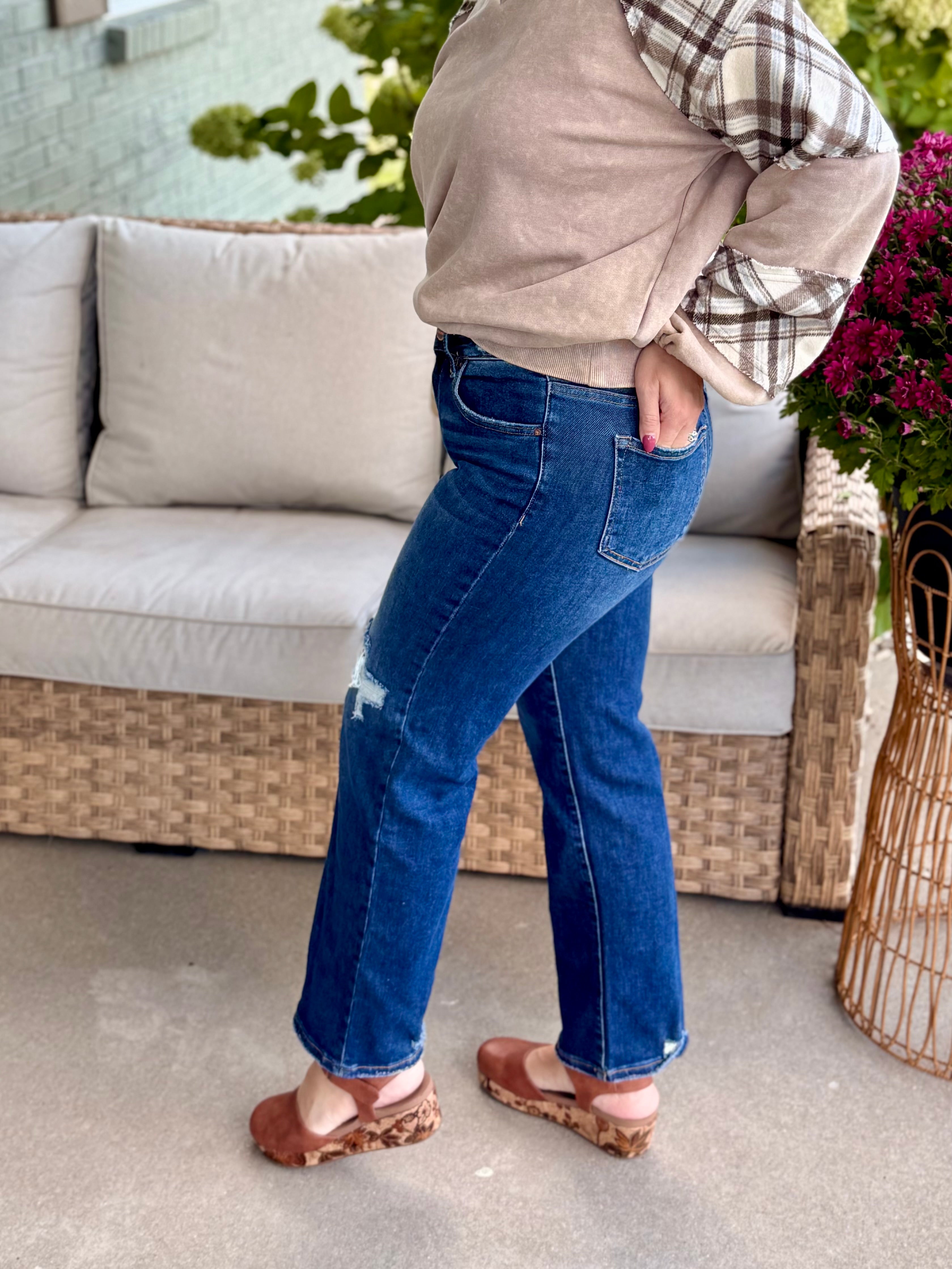 Risen High Rise Crop Slim Straight Hidden Knee Patch-210 Jeans-Risen-The Lovely Closet, Women's Fashion Boutique in Alexandria, KY