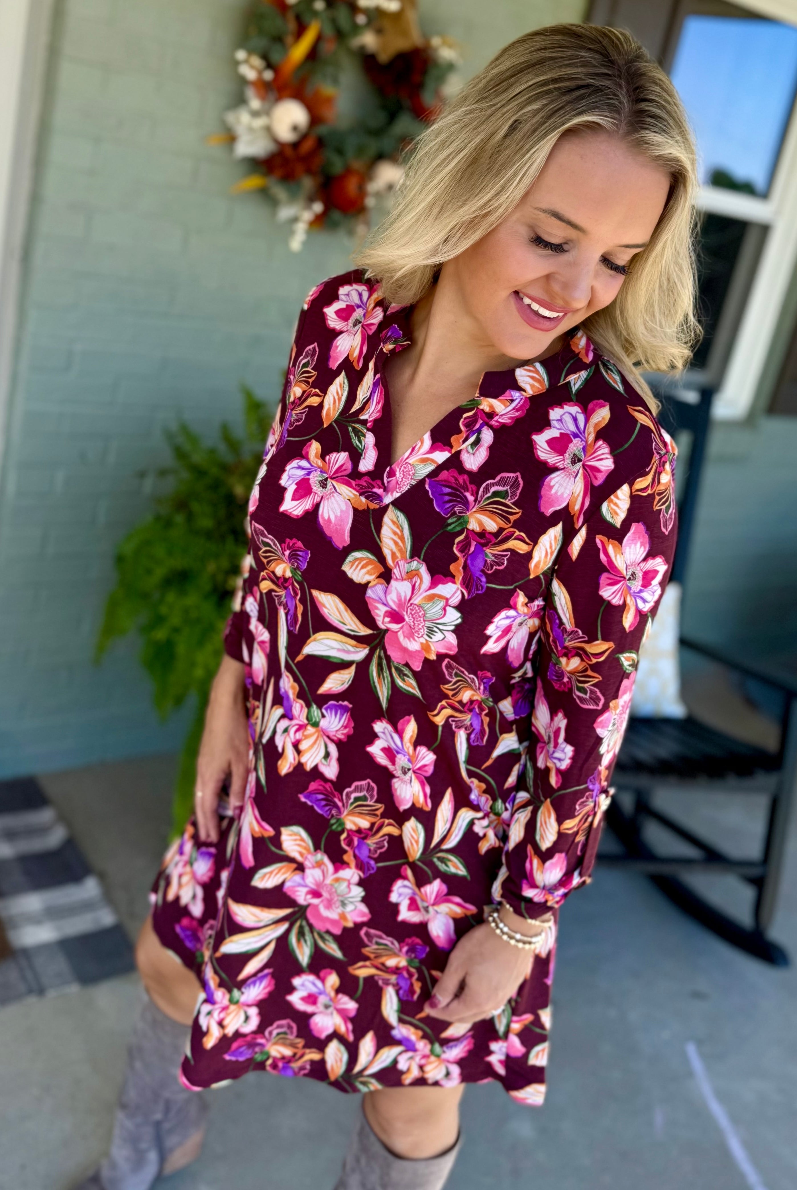Everly Essential Dress - Deep Plum Floral Print-180 Dresses-Dear Scarlett-The Lovely Closet, Women's Fashion Boutique in Alexandria, KY
