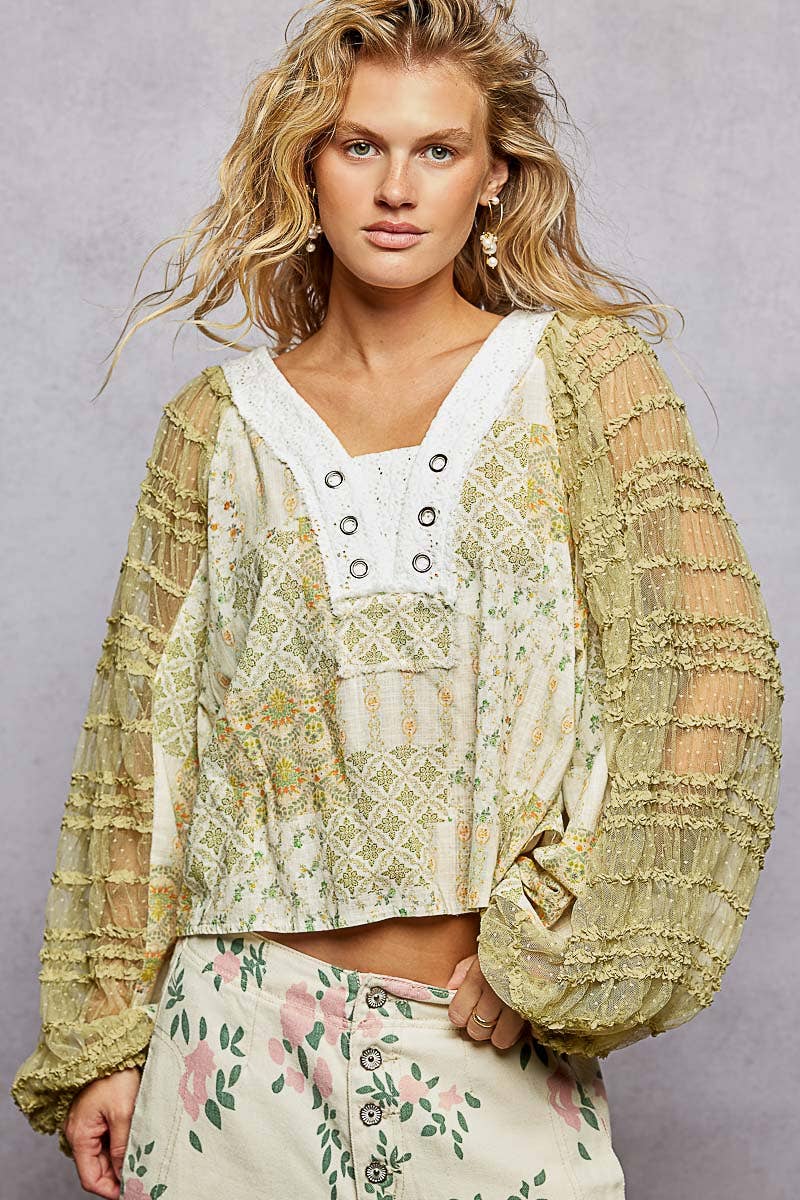Long Sleeve Lace Contrast Printed Woven Top-110 Long Sleeve Top-Pol Clothing-The Lovely Closet, Women's Fashion Boutique in Alexandria, KY