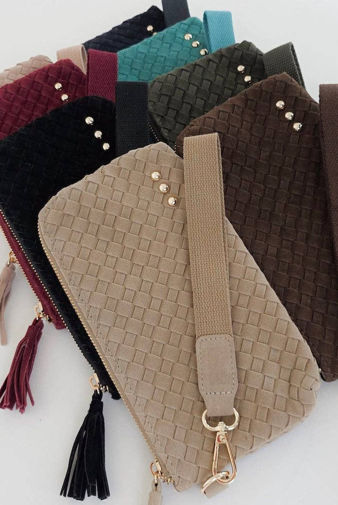 Suede Emma Woven Clutch Wristlet: Taupe-crossbody/wristlet-Pretty Simple-The Lovely Closet, Women's Fashion Boutique in Alexandria, KY