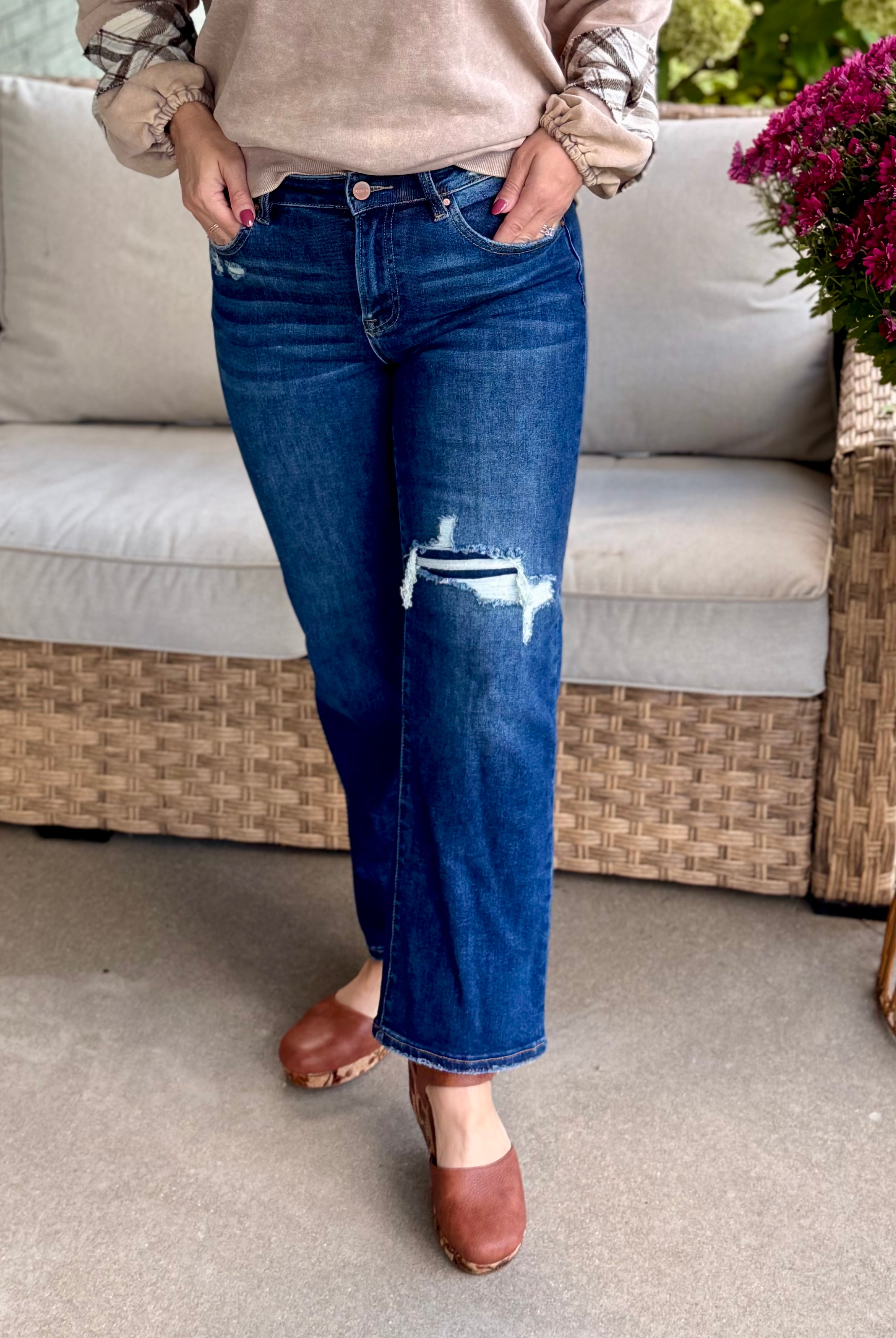 Risen High Rise Crop Slim Straight Hidden Knee Patch-210 Jeans-Risen-The Lovely Closet, Women's Fashion Boutique in Alexandria, KY