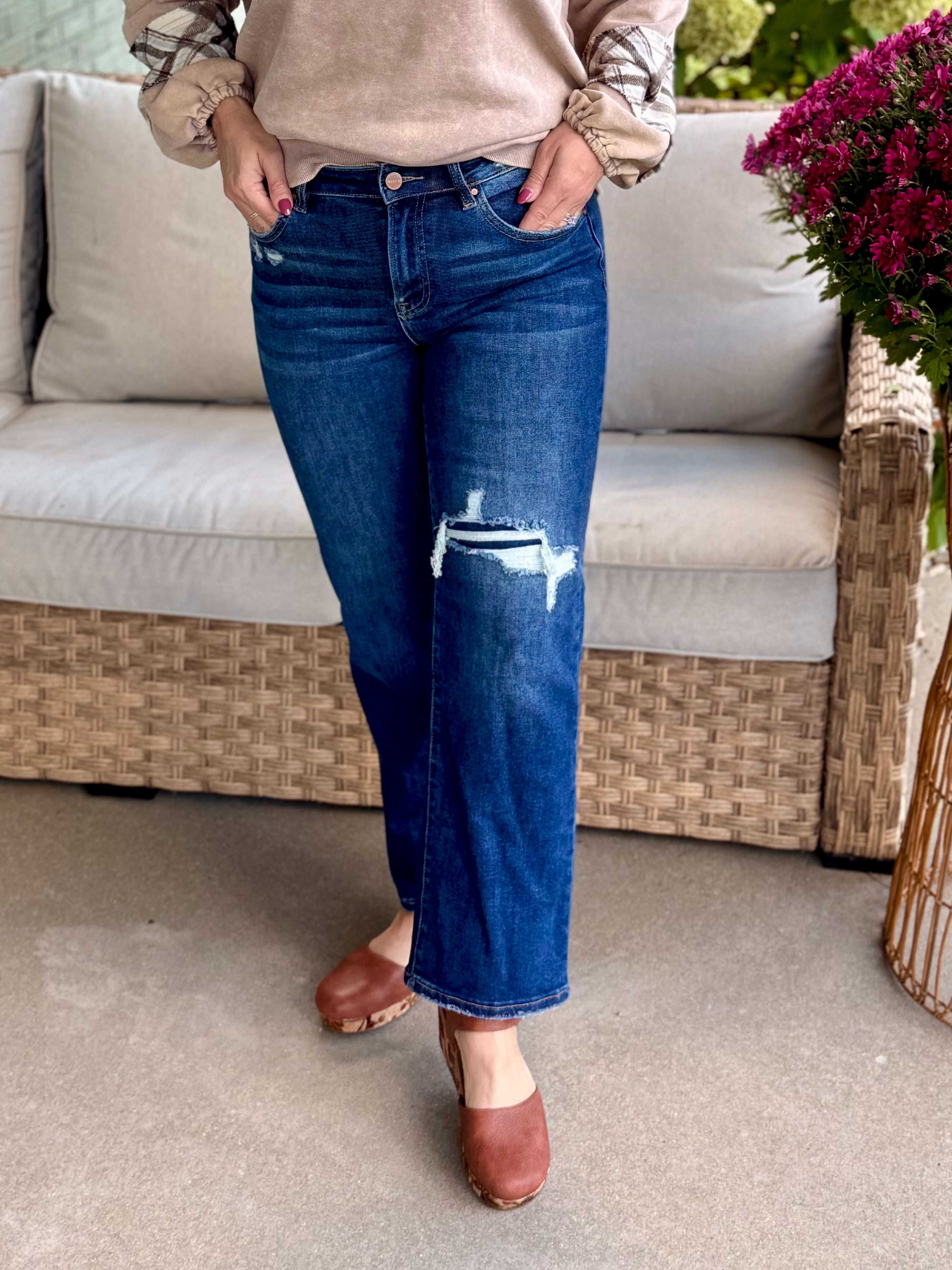 Risen High Rise Crop Slim Straight Hidden Knee Patch-210 Jeans-Risen-The Lovely Closet, Women's Fashion Boutique in Alexandria, KY
