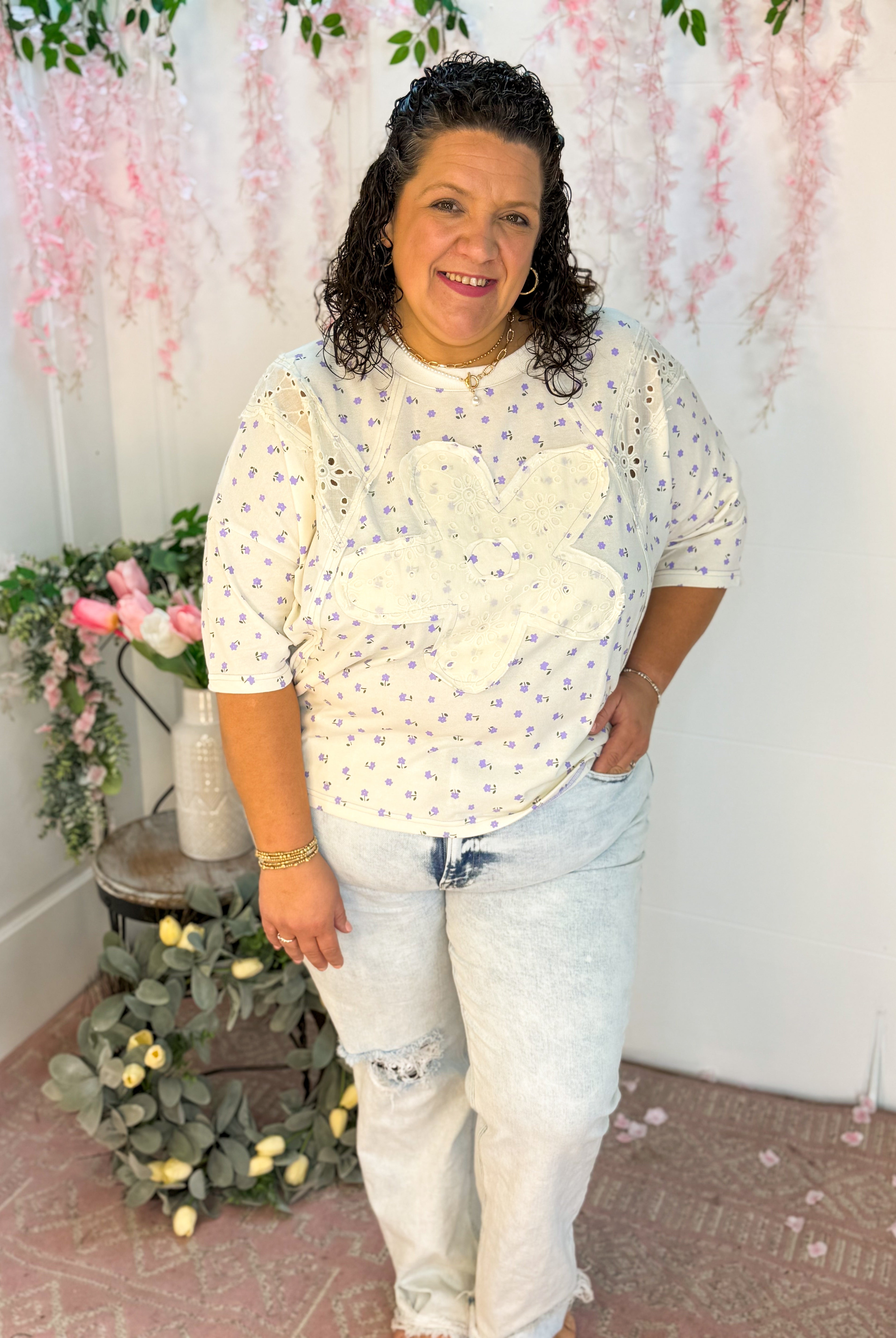 Lavender Ditsy Print Top-100 Short Sleeve Tops-easel-The Lovely Closet, Women's Fashion Boutique in Alexandria, KY