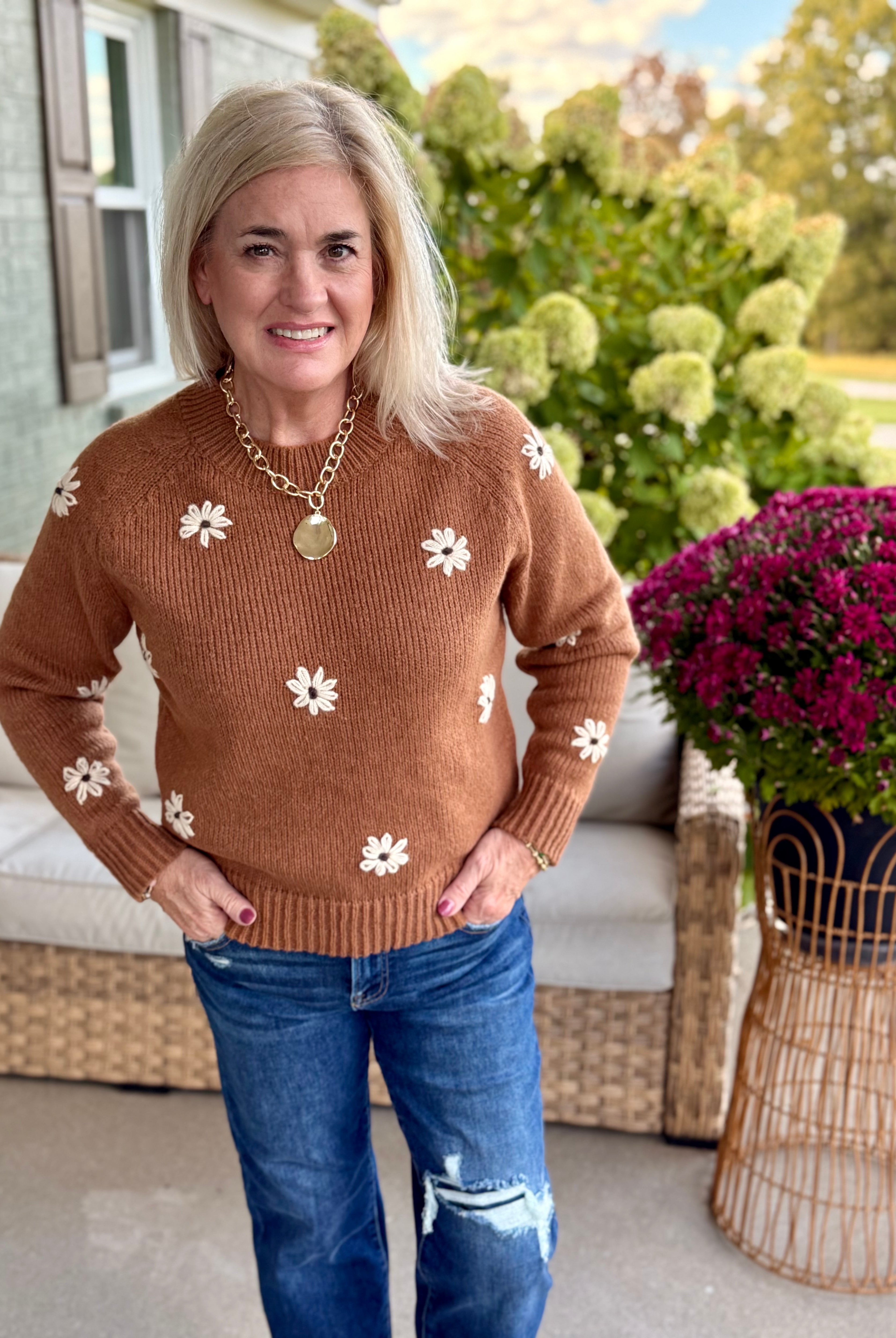 Embroidered Daisy Sweater-140 Sweaters-bibi-The Lovely Closet, Women's Fashion Boutique in Alexandria, KY