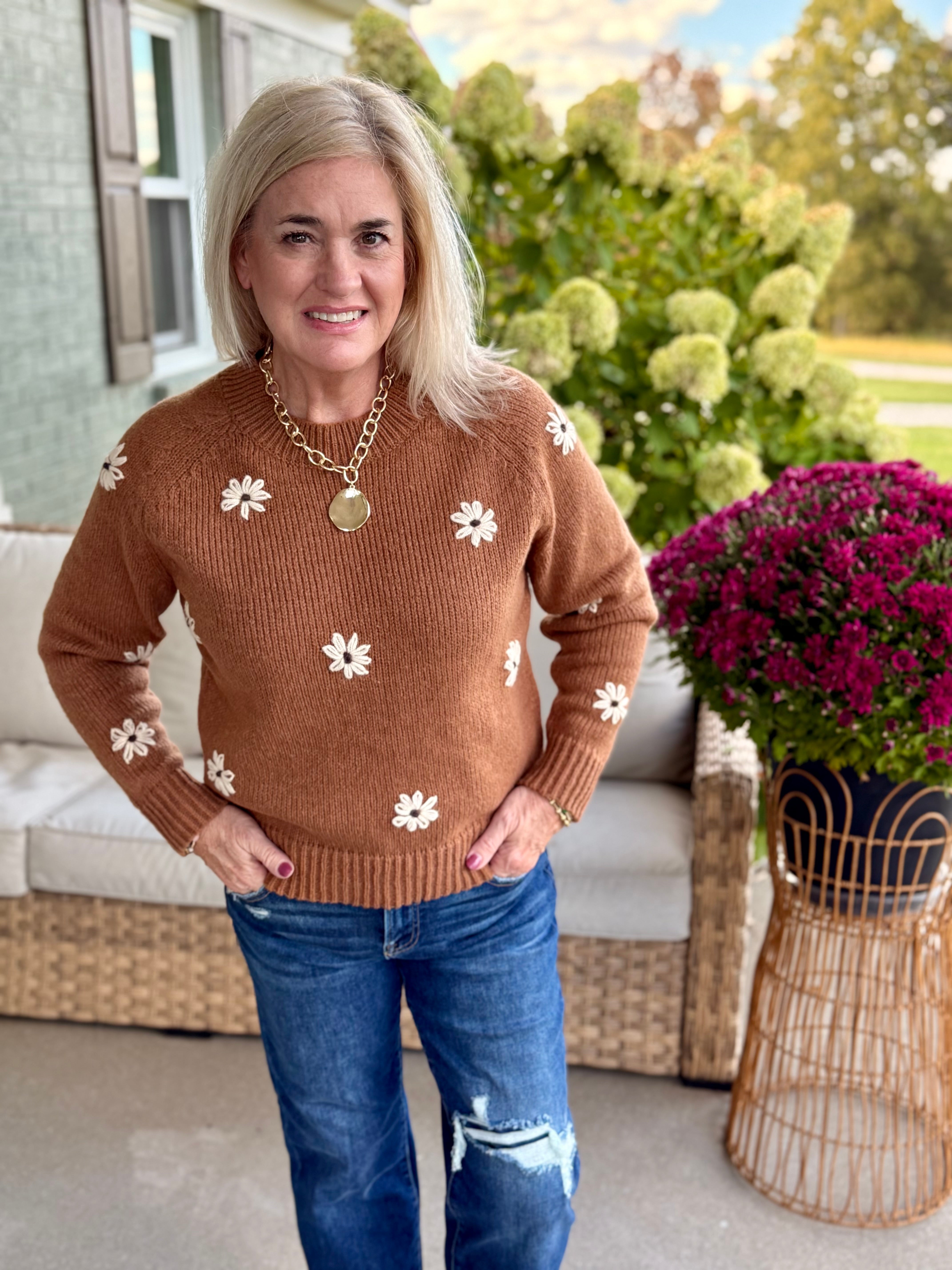 Embroidered Daisy Sweater-140 Sweaters-bibi-The Lovely Closet, Women's Fashion Boutique in Alexandria, KY