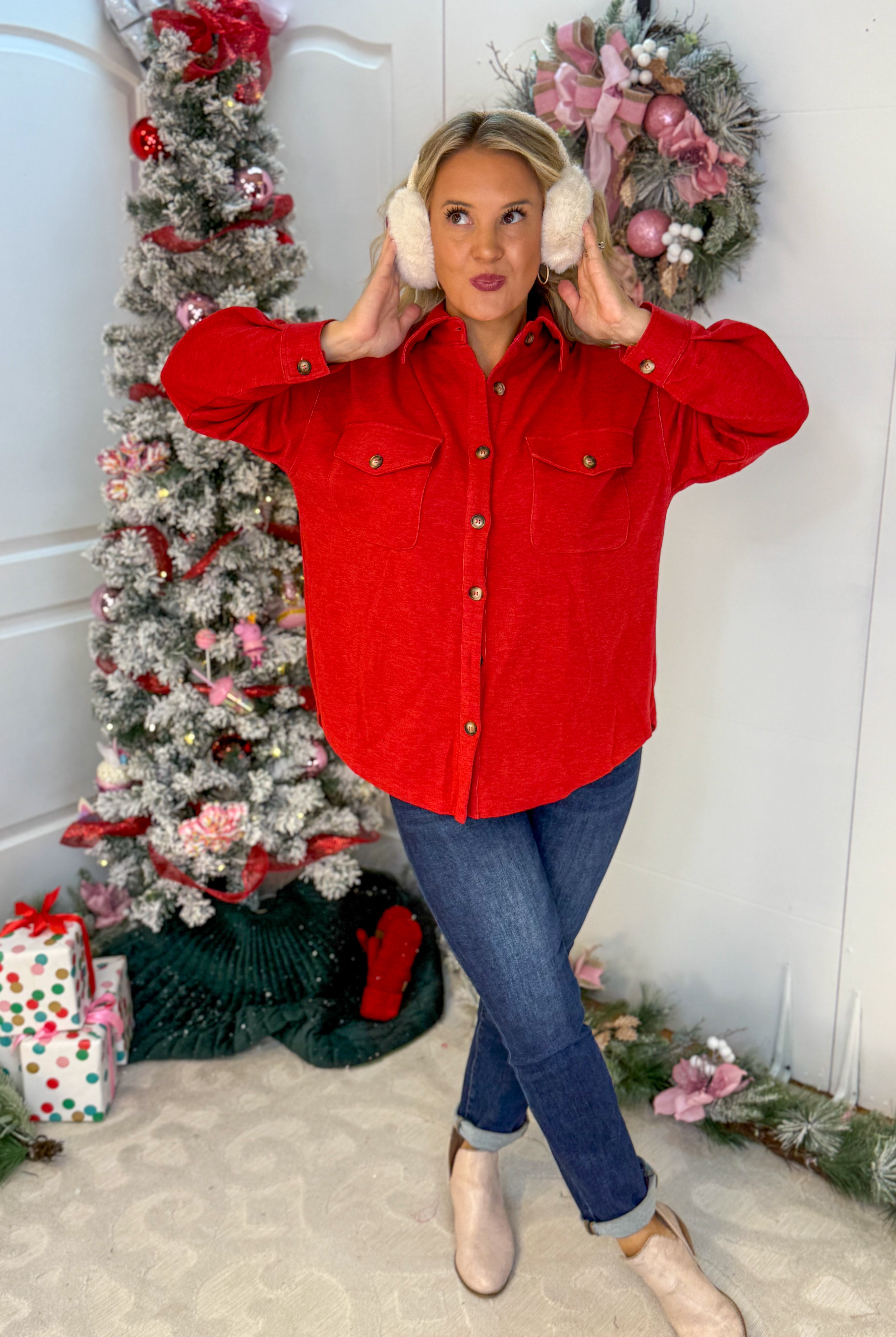 Cozy Season Button Down Shacket - Red-170 Jackets/Outerwear-White Birch-The Lovely Closet, Women's Fashion Boutique in Alexandria, KY