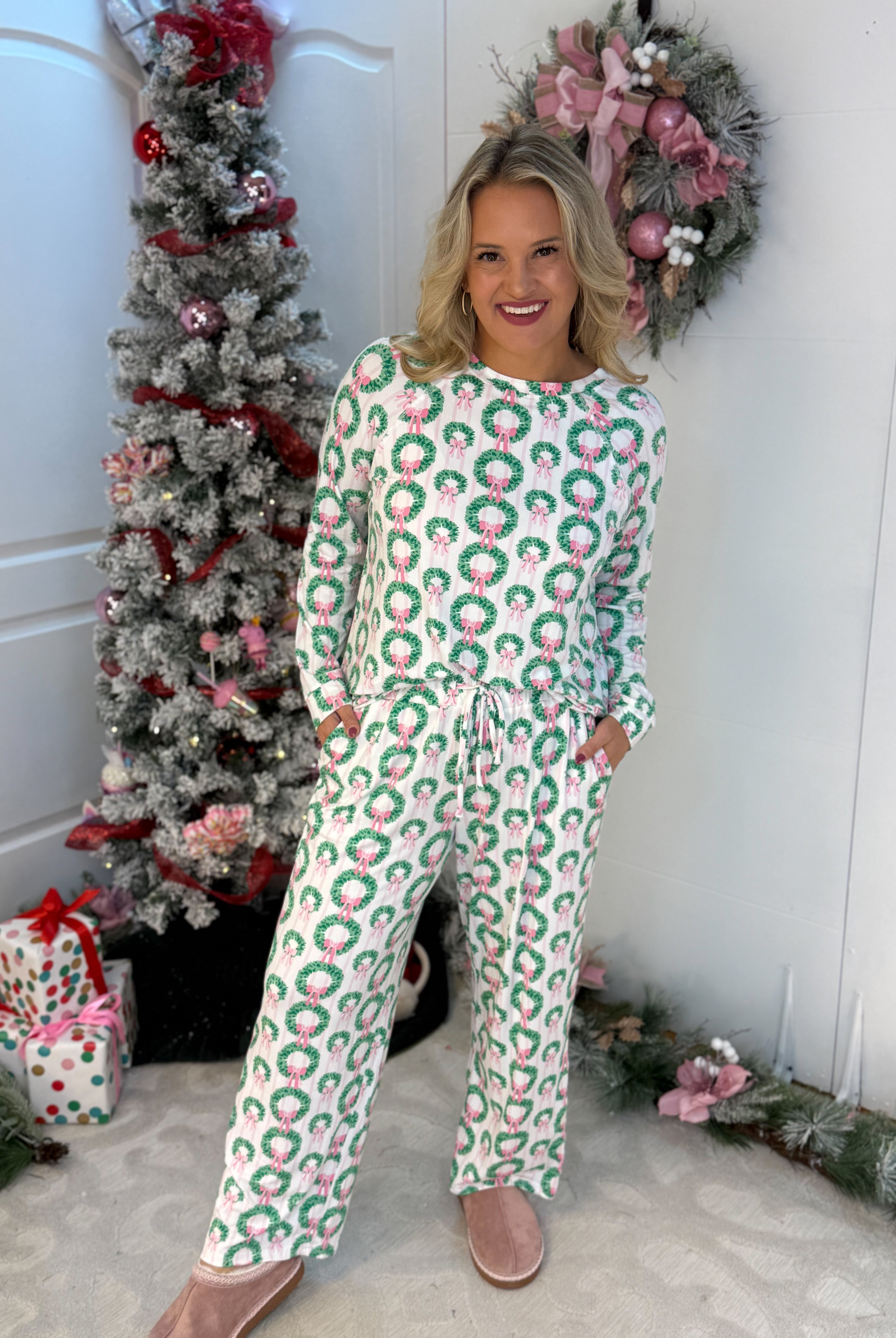 Mary Square Rosy Wreaths Annie Pant Set-350 Holiday-Mary Square-The Lovely Closet, Women's Fashion Boutique in Alexandria, KY