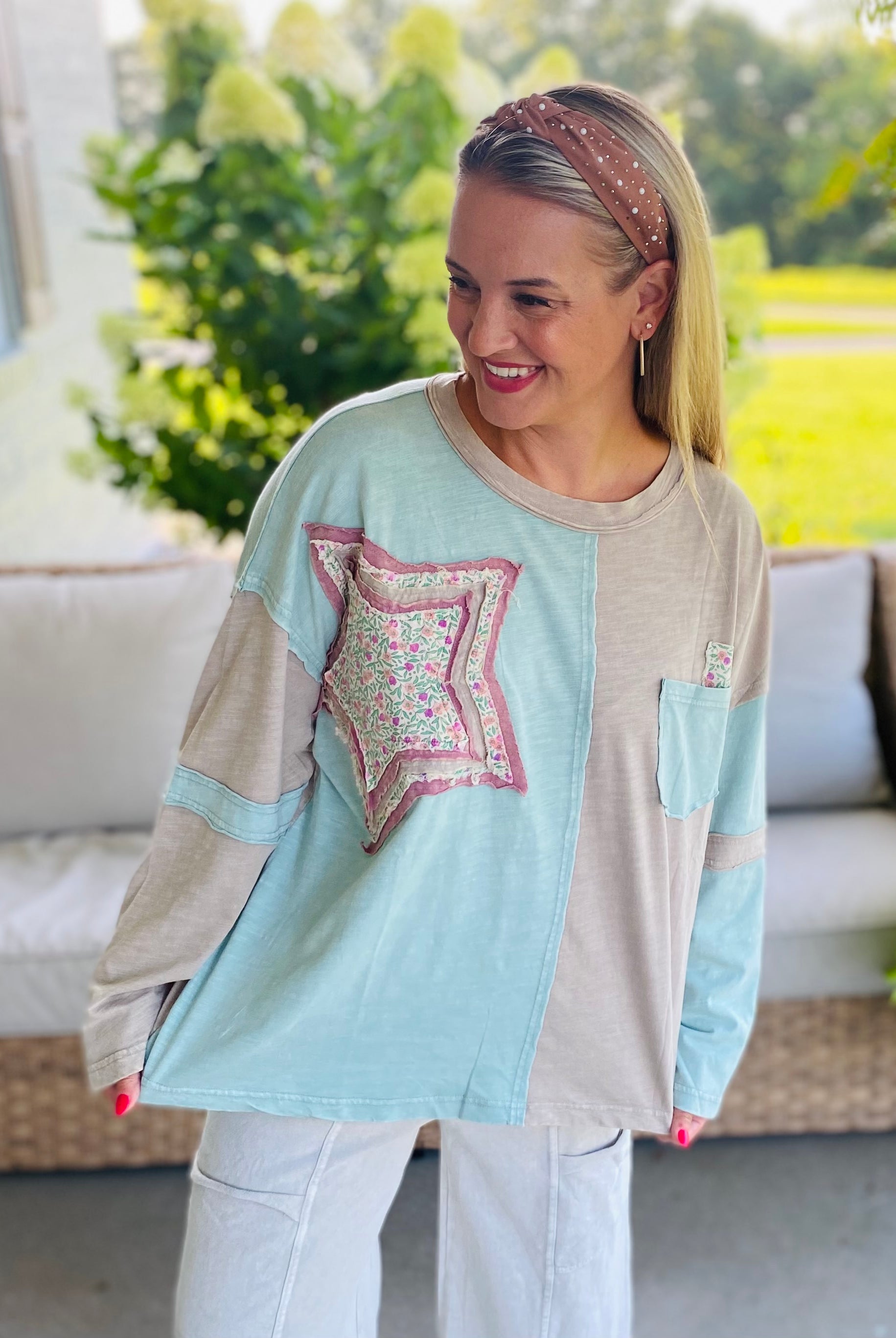 Starlight Bloom Top - Lt. Teal-110 Long Sleeve Top-easel-The Lovely Closet, Women's Fashion Boutique in Alexandria, KY
