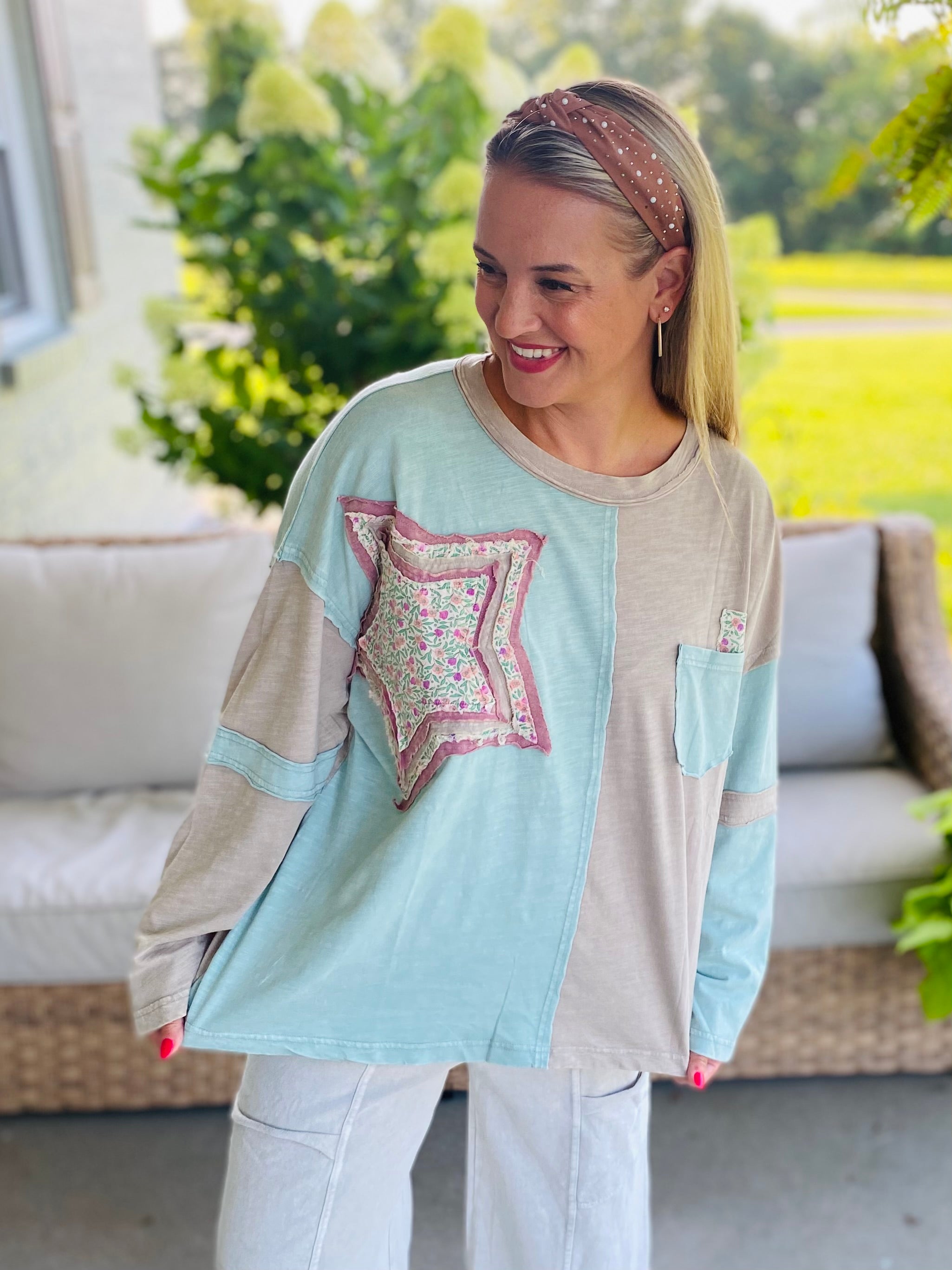 Starlight Bloom Top - Lt. Teal-110 Long Sleeve Top-easel-The Lovely Closet, Women's Fashion Boutique in Alexandria, KY