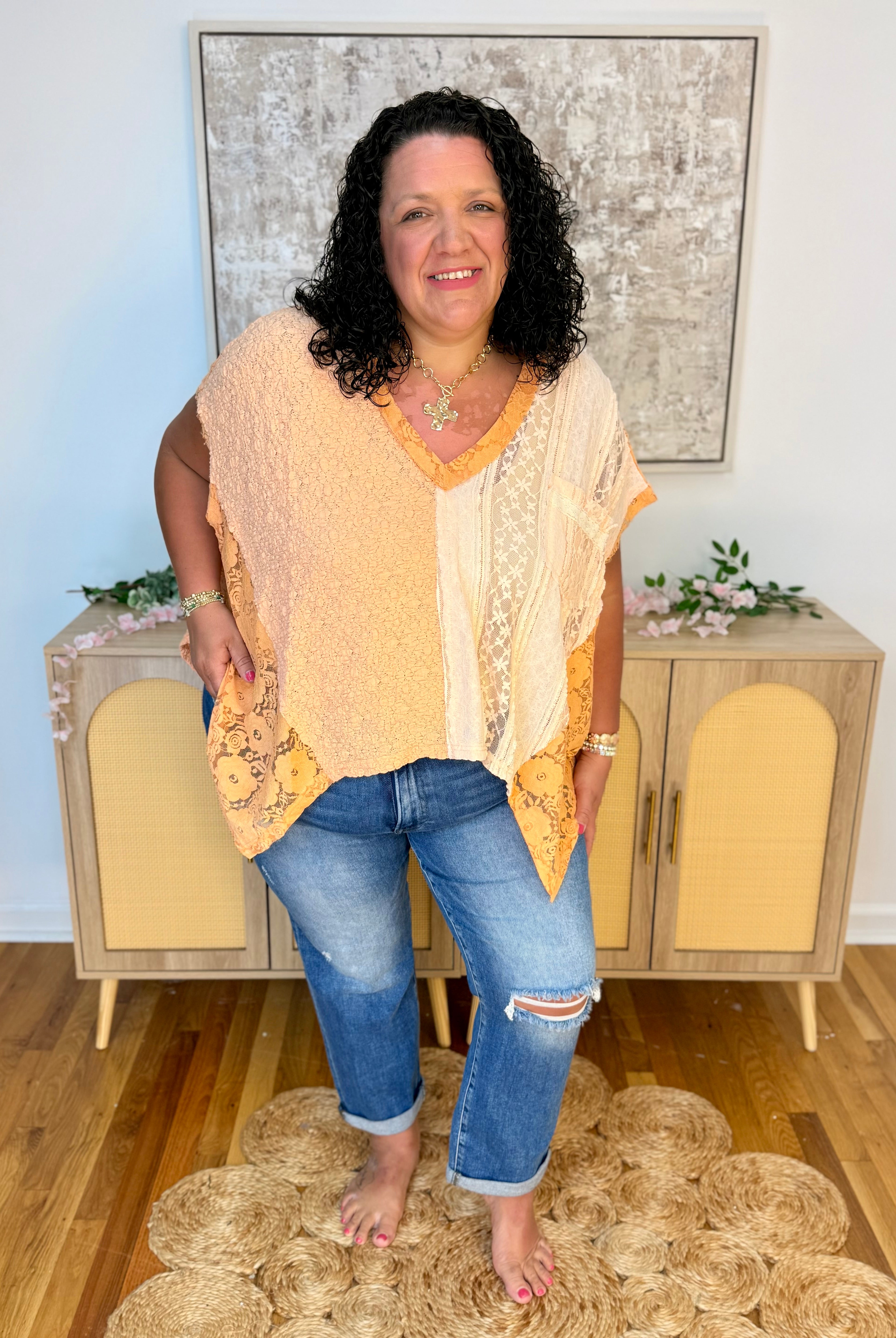 Lace Patchwork Oversized Top-100 Short Sleeve Tops-Pol Clothing-The Lovely Closet, Women's Fashion Boutique in Alexandria, KY