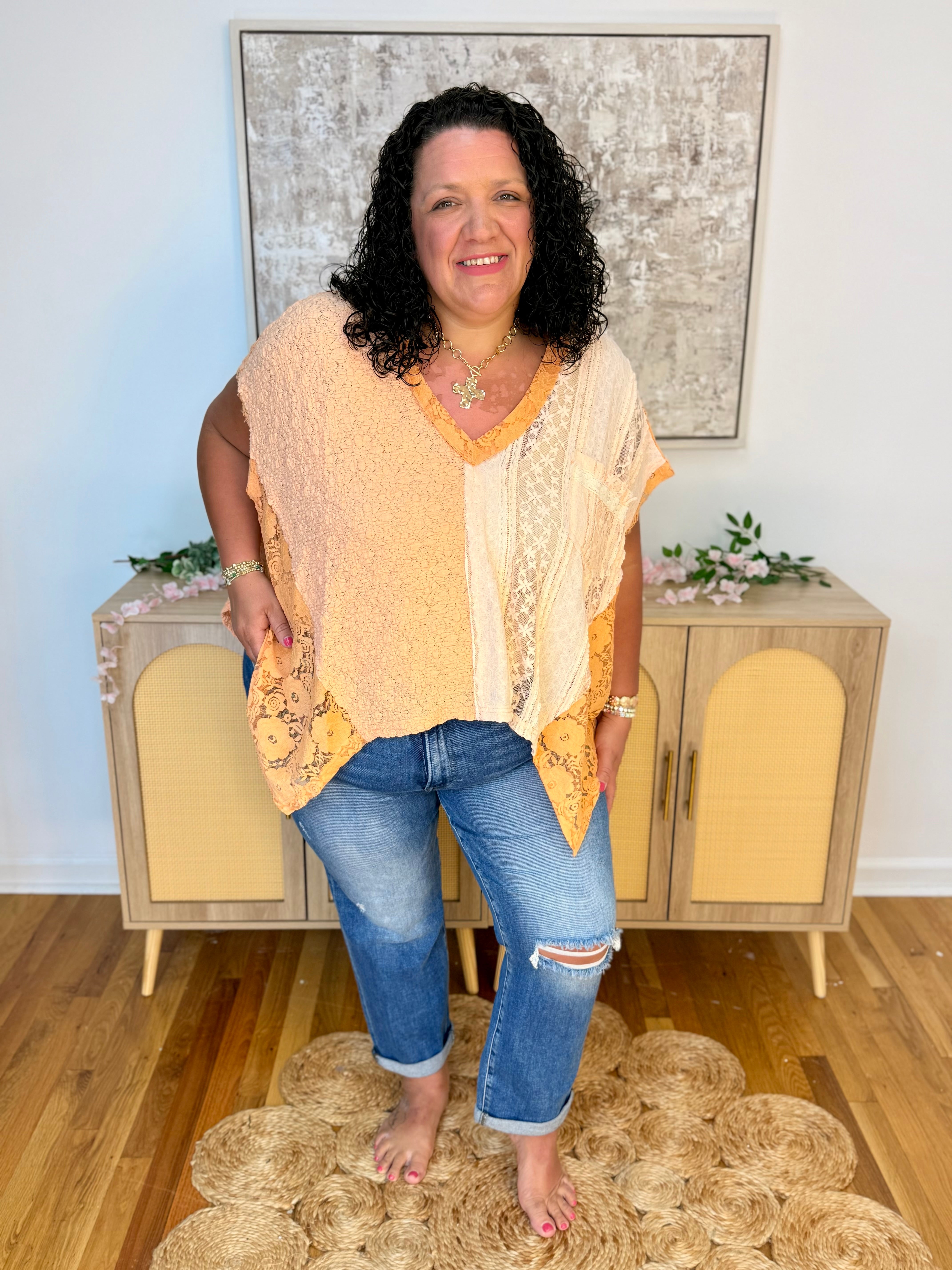 Lace Patchwork Oversized Top-100 Short Sleeve Tops-Pol Clothing-The Lovely Closet, Women's Fashion Boutique in Alexandria, KY