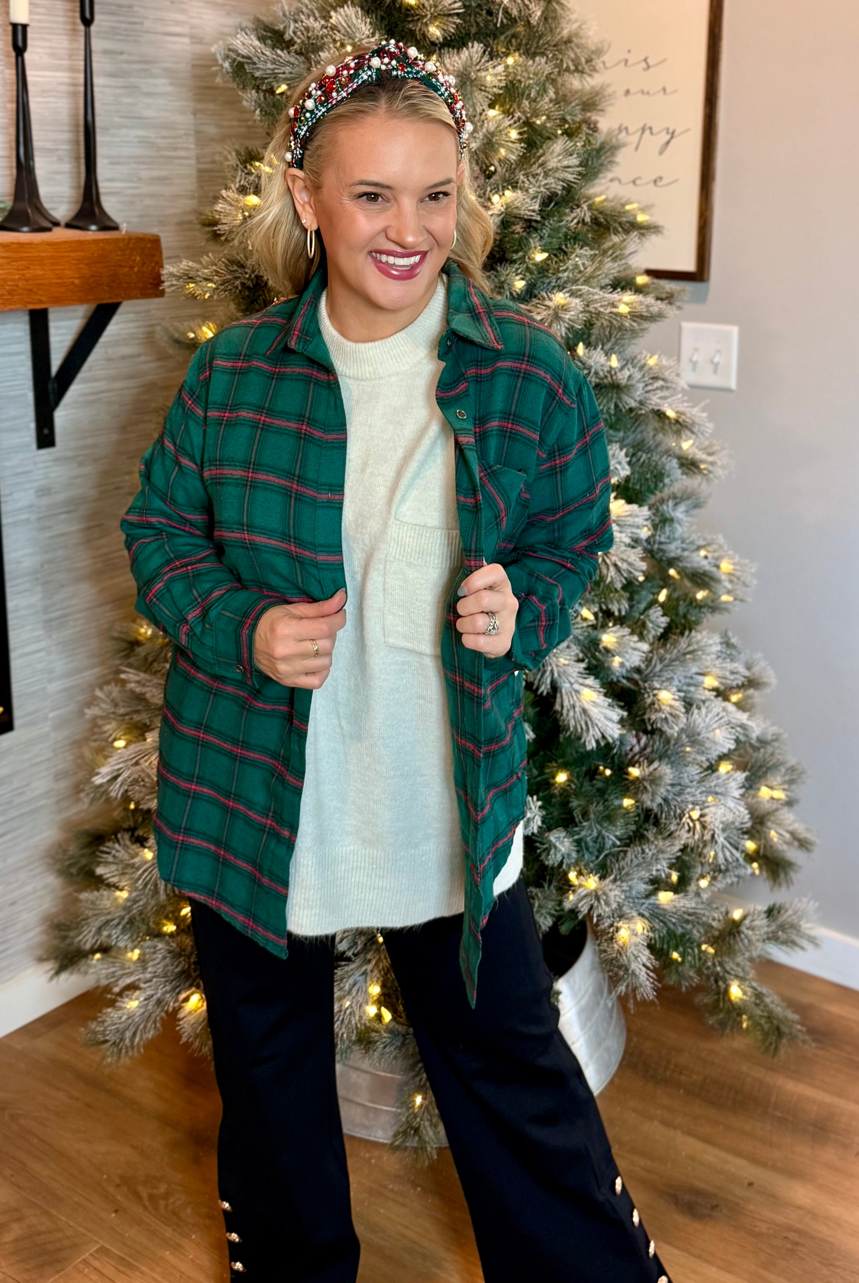 Button Down Plaid Shirt - Green-110 Long Sleeve Top-La Miel-The Lovely Closet, Women's Fashion Boutique in Alexandria, KY