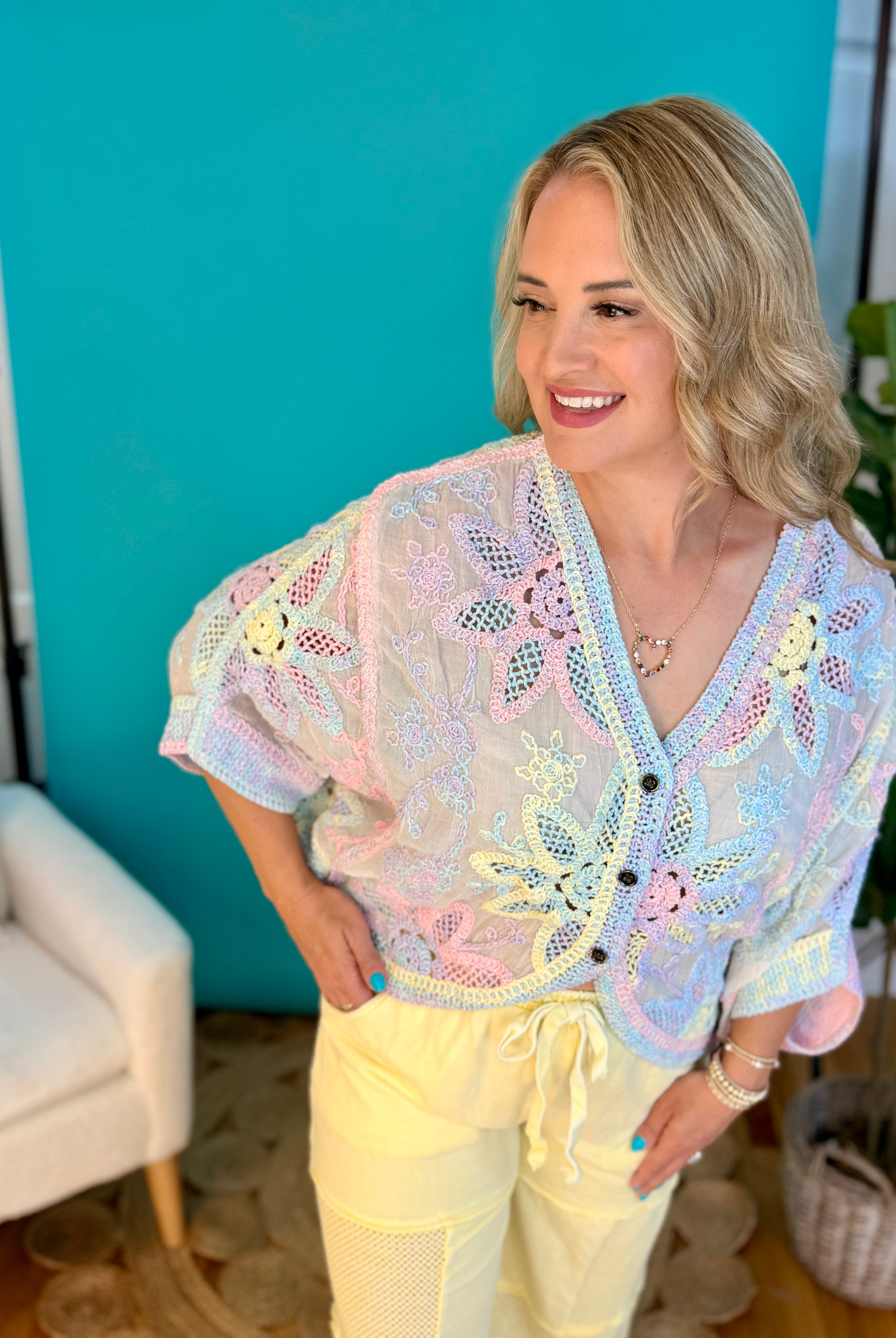 Crochet Cardigan - Multi Color - One Size-160 Cardigan/Kimonos-Pol Clothing-The Lovely Closet, Women's Fashion Boutique in Alexandria, KY