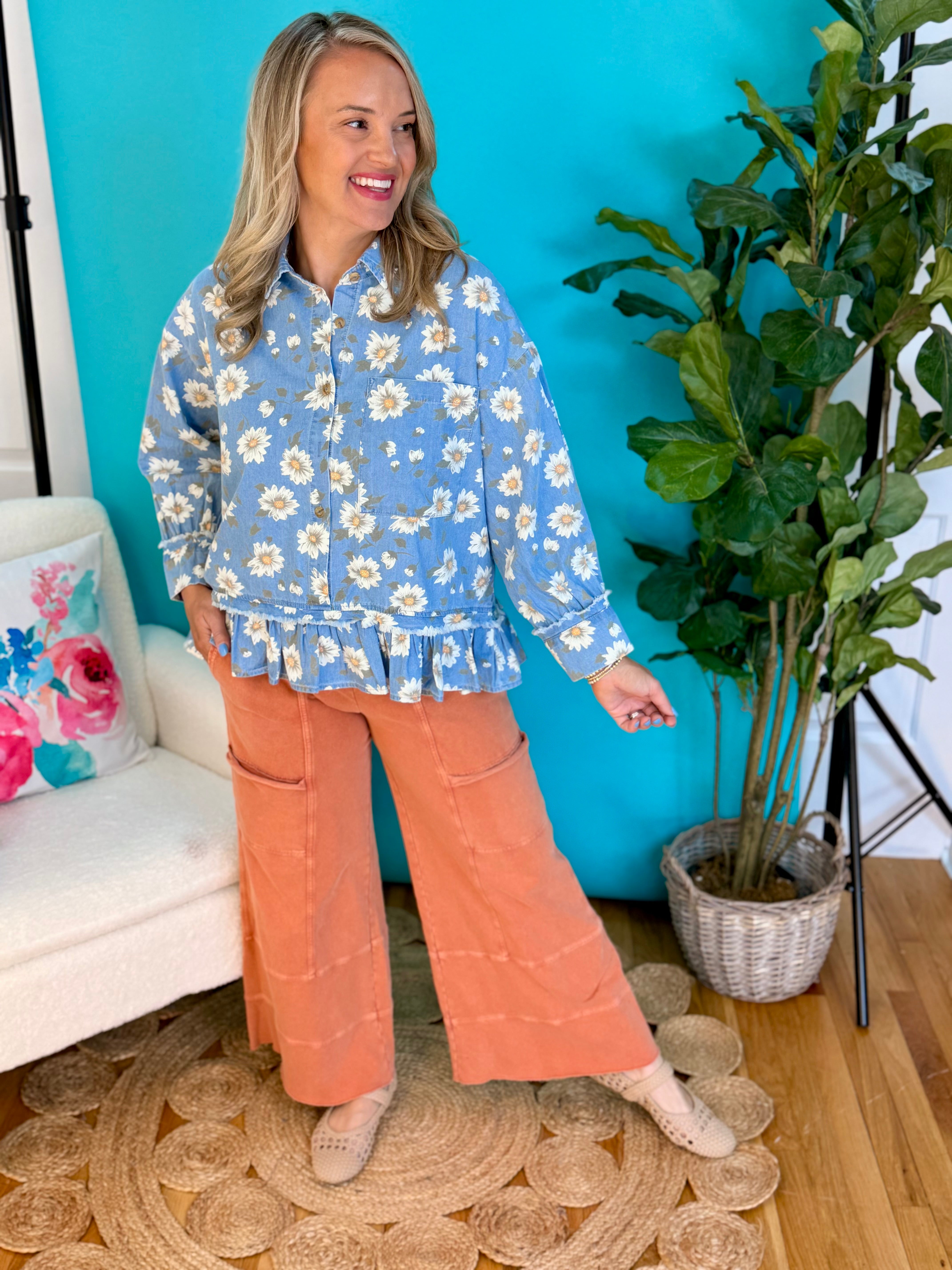 Daisy Print Denim Top-110 Long Sleeve Top-easel-The Lovely Closet, Women's Fashion Boutique in Alexandria, KY