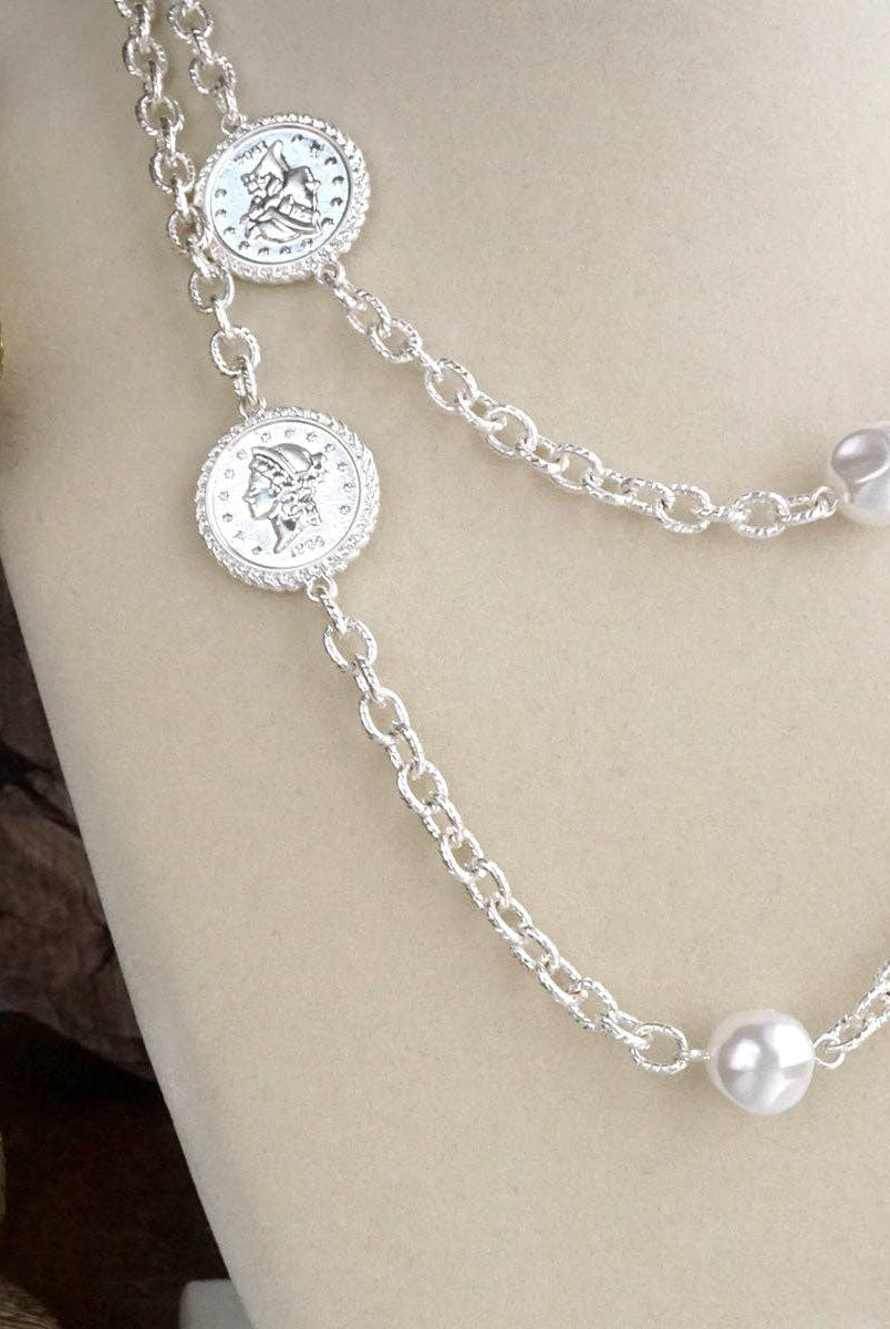 Starlit Relics – Coin & Pearl Station Necklace: Worn Gold Tone-250 Jewelry-PennyLine inc-The Lovely Closet, Women's Fashion Boutique in Alexandria, KY