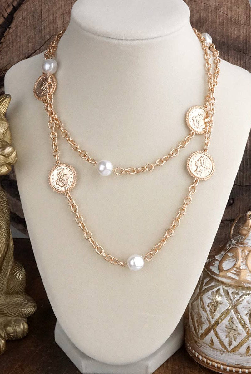 Starlit Relics – Coin & Pearl Station Necklace: Worn Gold Tone-250 Jewelry-PennyLine inc-The Lovely Closet, Women's Fashion Boutique in Alexandria, KY