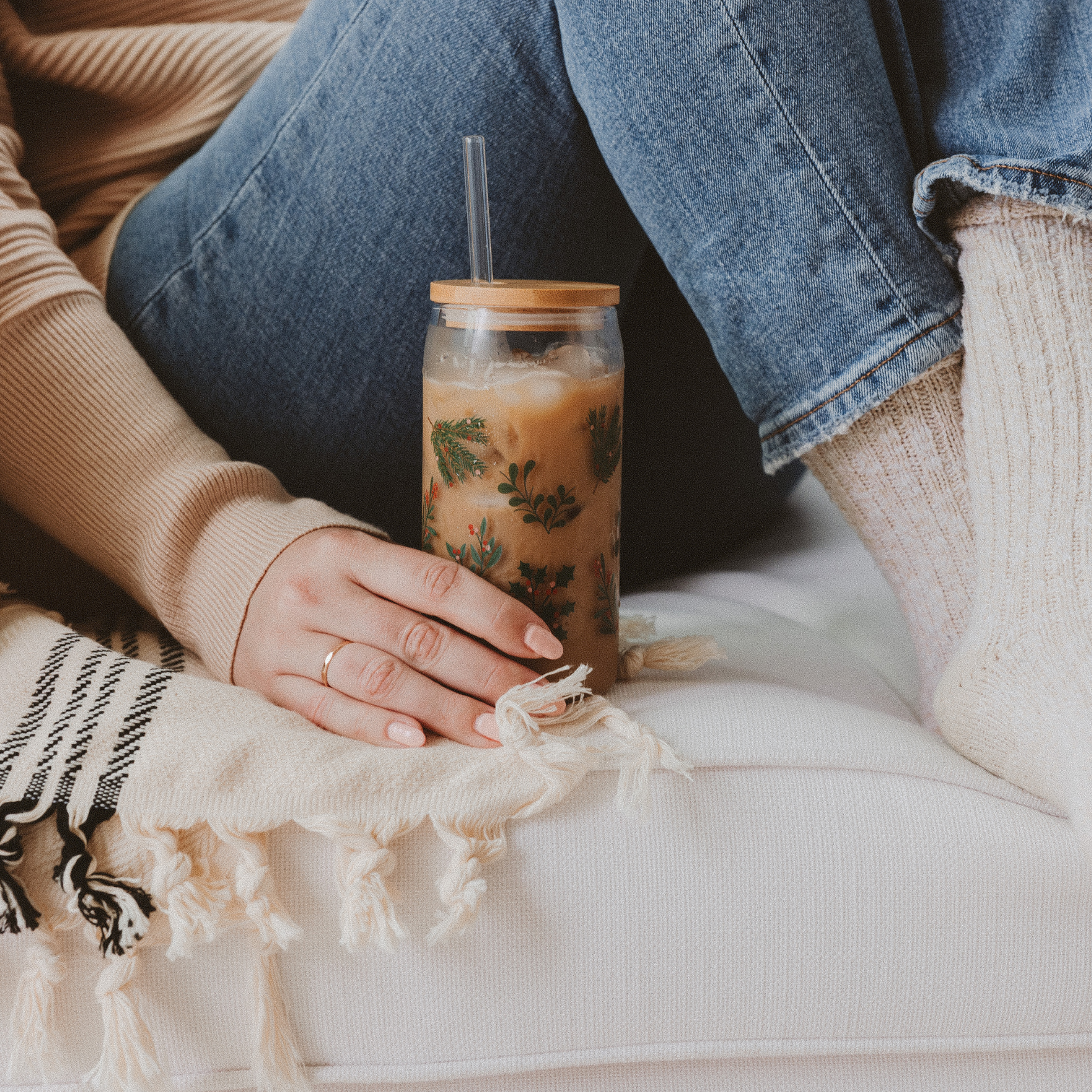 Holiday Greenery Glass Can w/ Straw & Lid-310 Gift-Sweet Water Decor-The Lovely Closet, Women's Fashion Boutique in Alexandria, KY