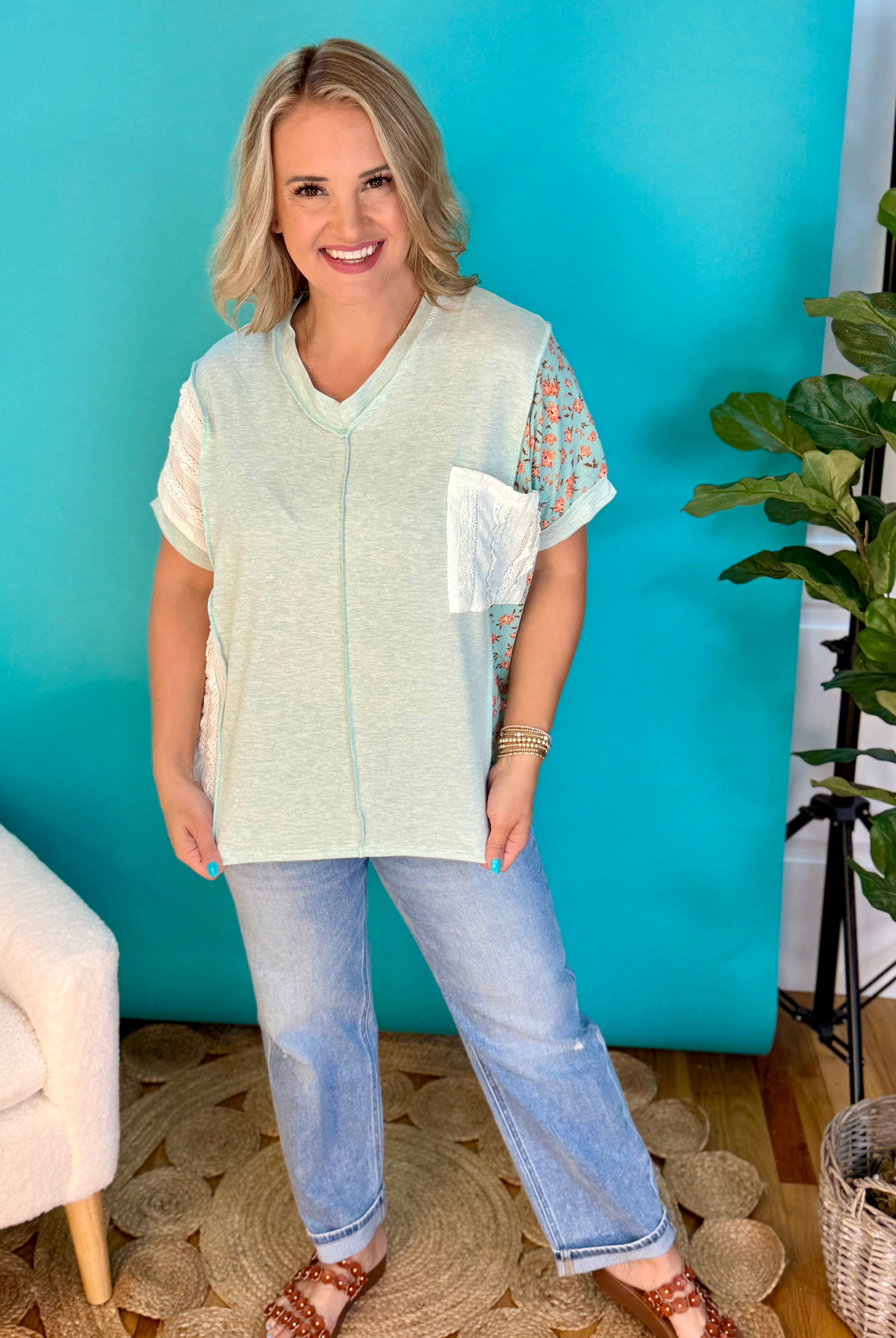 Color Block Patchwork Knit Top With Pocket-100 Short Sleeve Tops-7th Ray-The Lovely Closet, Women's Fashion Boutique in Alexandria, KY