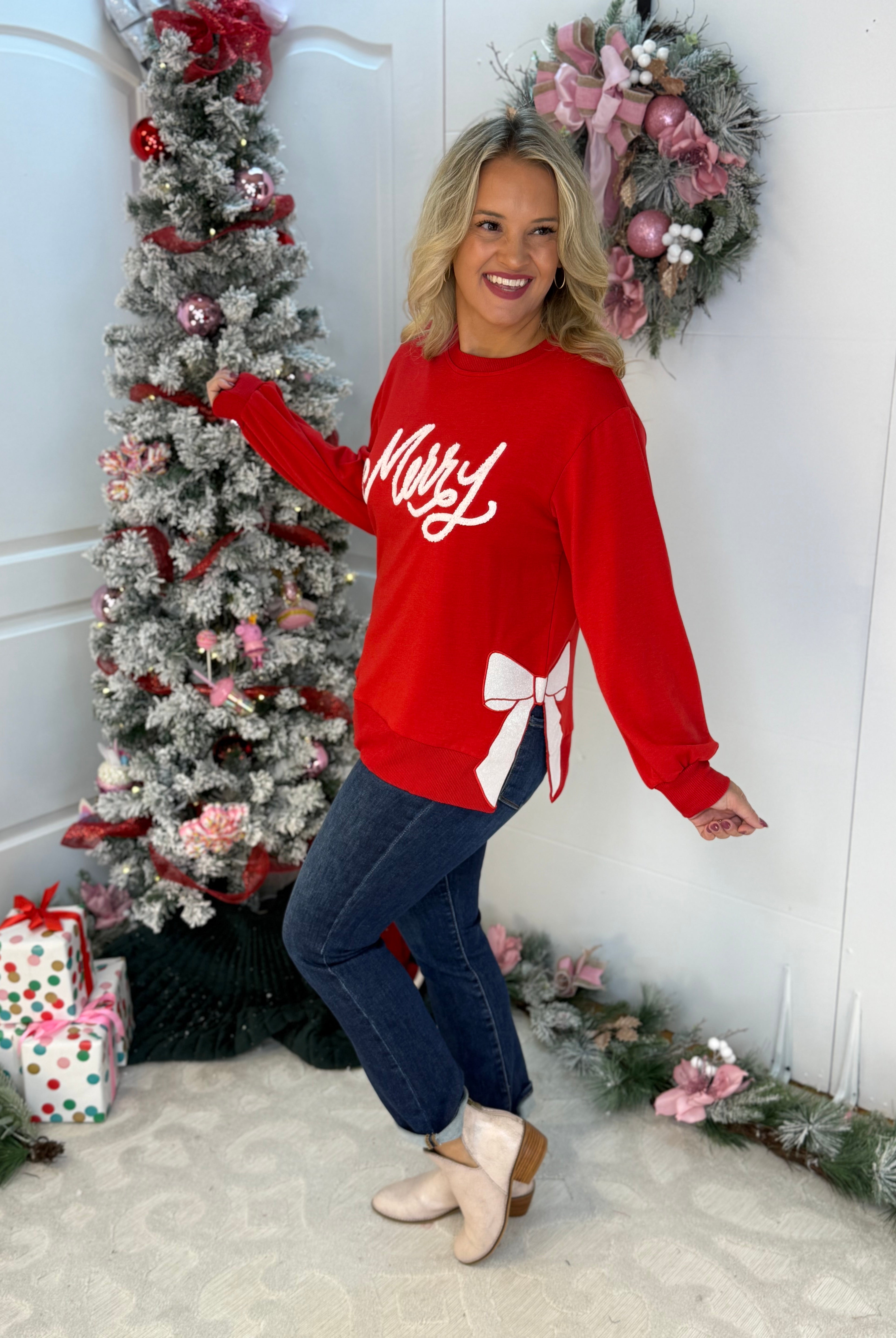 Lakelyn Merry Bow Pullover-150 Sweatshirts-Mary Square-The Lovely Closet, Women's Fashion Boutique in Alexandria, KY