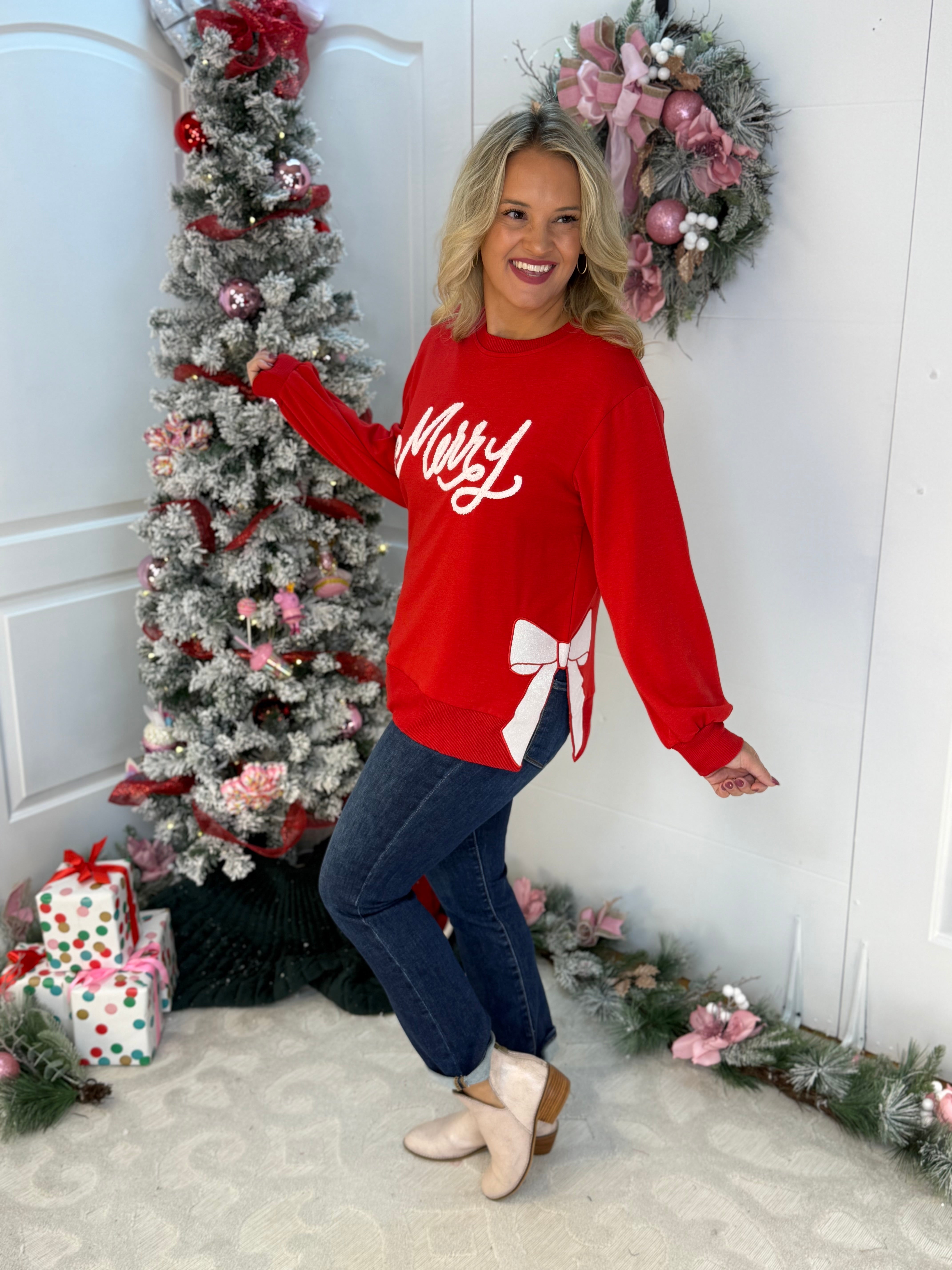 Lakelyn Merry Bow Pullover-150 Sweatshirts-Mary Square-The Lovely Closet, Women's Fashion Boutique in Alexandria, KY